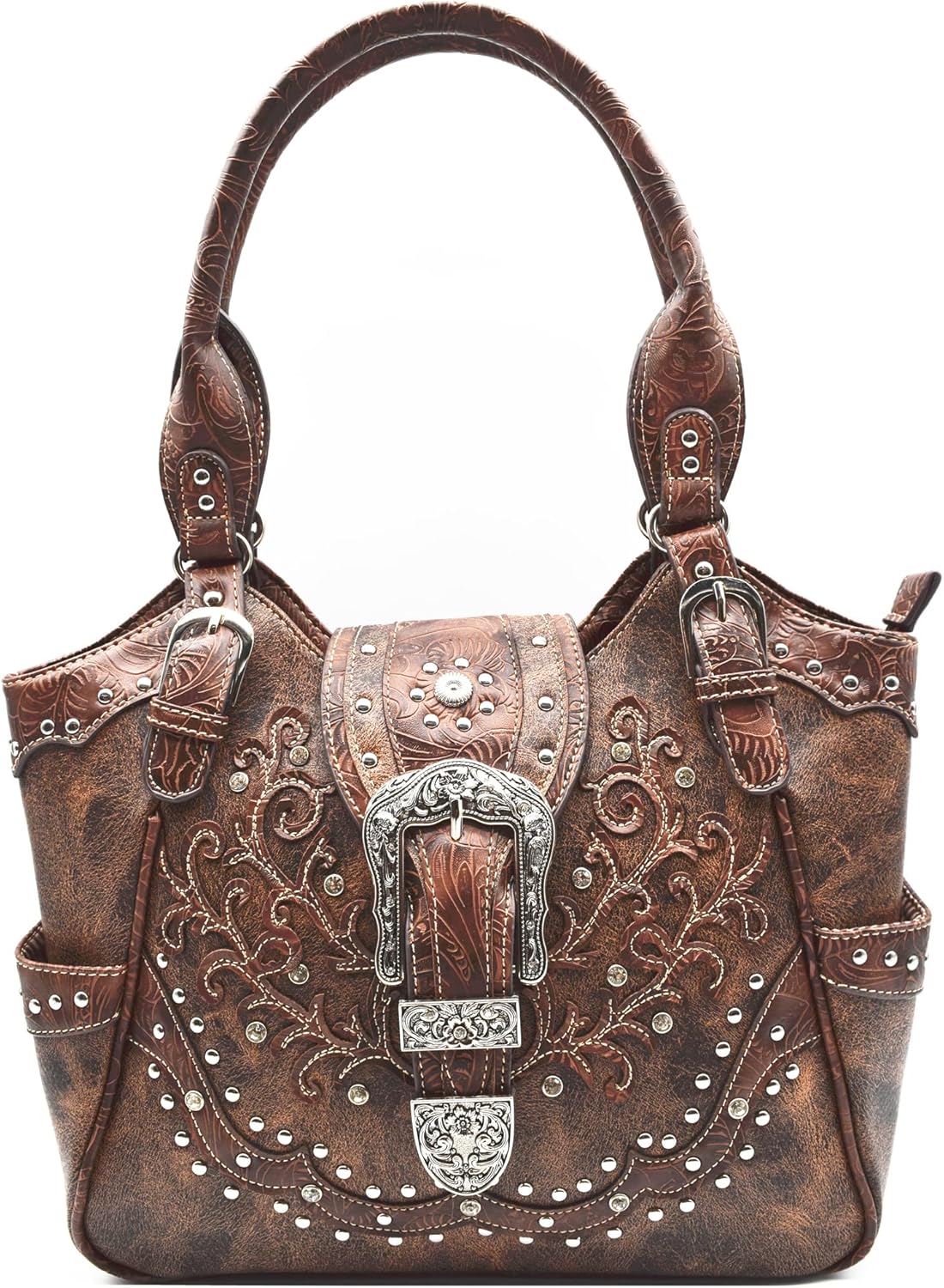 Western Style Tooled Leather Floral Women Bling Rhinestone Studs Purse Buckle Handbag Country Shoulder Bags Wallet Set Brown - Image 2