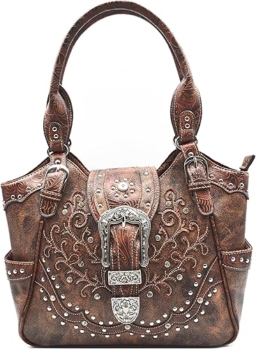 Miniatura 2 de Western Style - Juego de cartera de cuero con diseño floral para mujer, con hebilla oculta, color marrón, Marrón