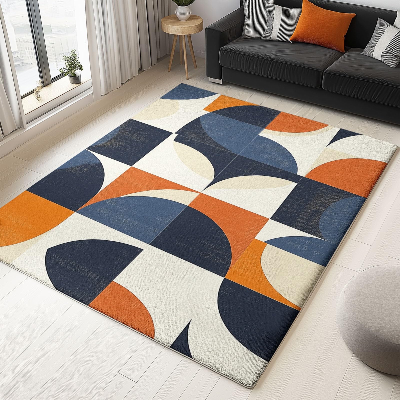 Tapis Salon Chambre Adulte Poil, Tapis à Poils Courts et denses Motif Géométrie Vintage Cercles, Tapis Lavable en Machine Antidérapant Bleu Orange, 60 x 110 cm