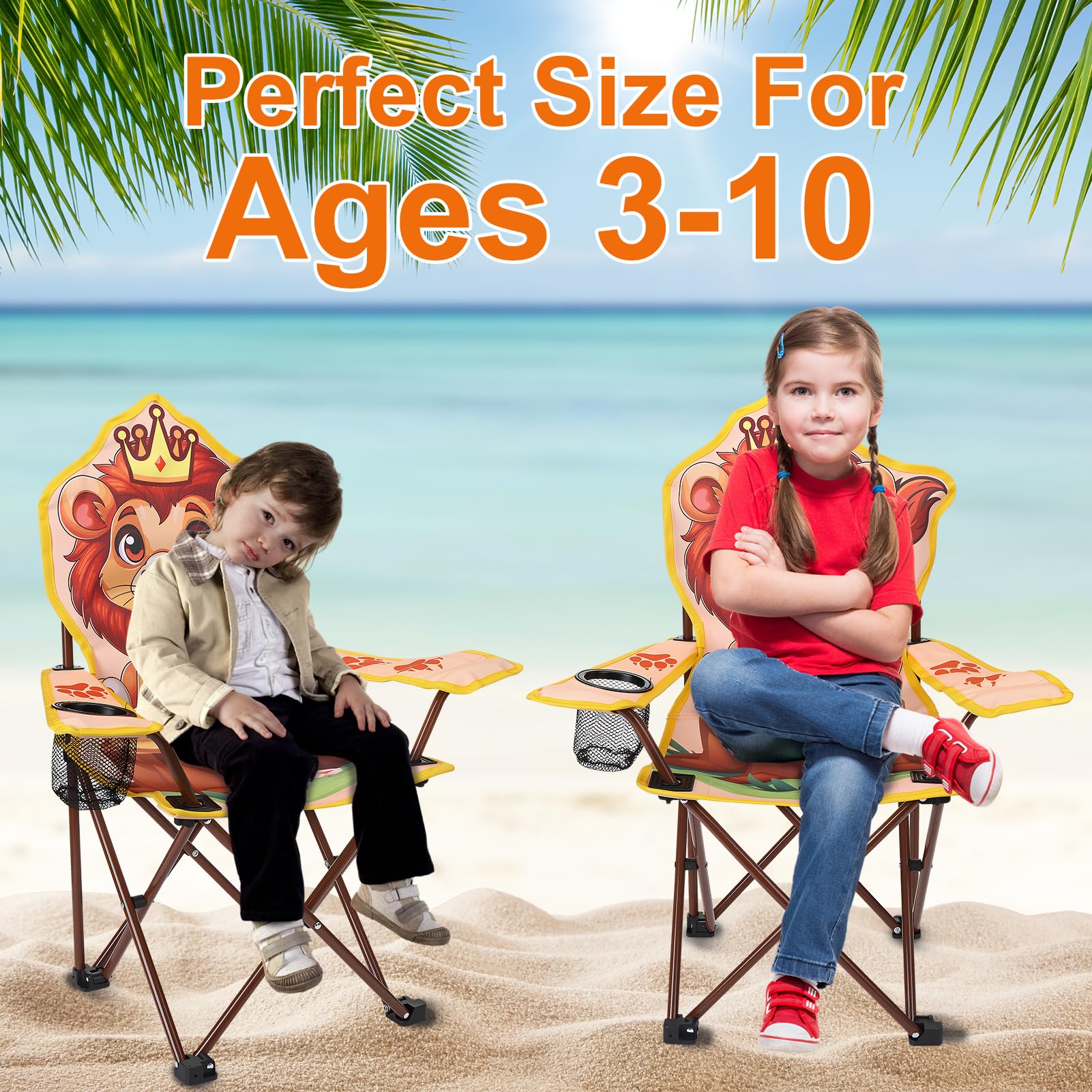 Chaise de camping pliable pour enfant avec porte-gobelet, chaise de jardin pliable avec motif lion, acier allié, chaise de pique-nique portable pour camping, pêche, extérieur