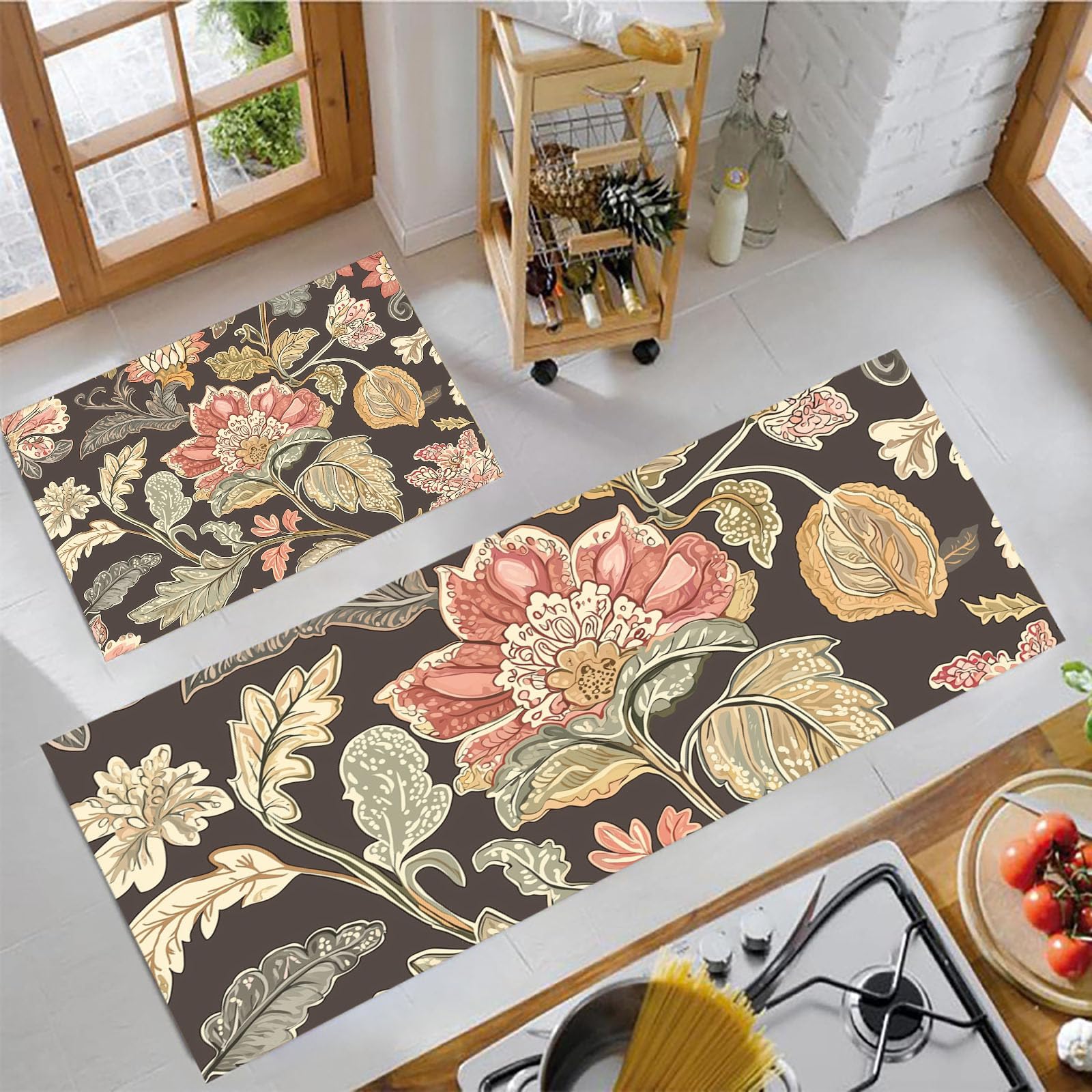 Alfombras de cocina lavables y antideslizantes con diseño floral tradicional marrón