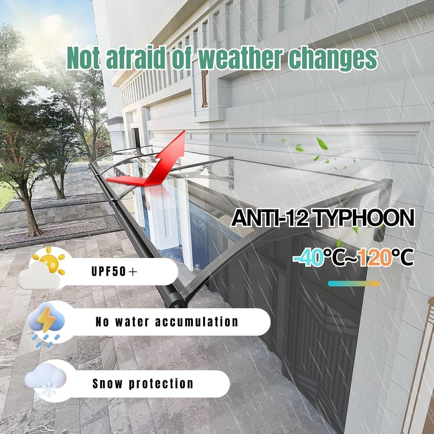 Aluminum Alloy Door Canopy Shelter with Clear Polycarbonate Cover Outdoor Rainproof Awning for Balcony Window Entryway Protection from Rain and Sun