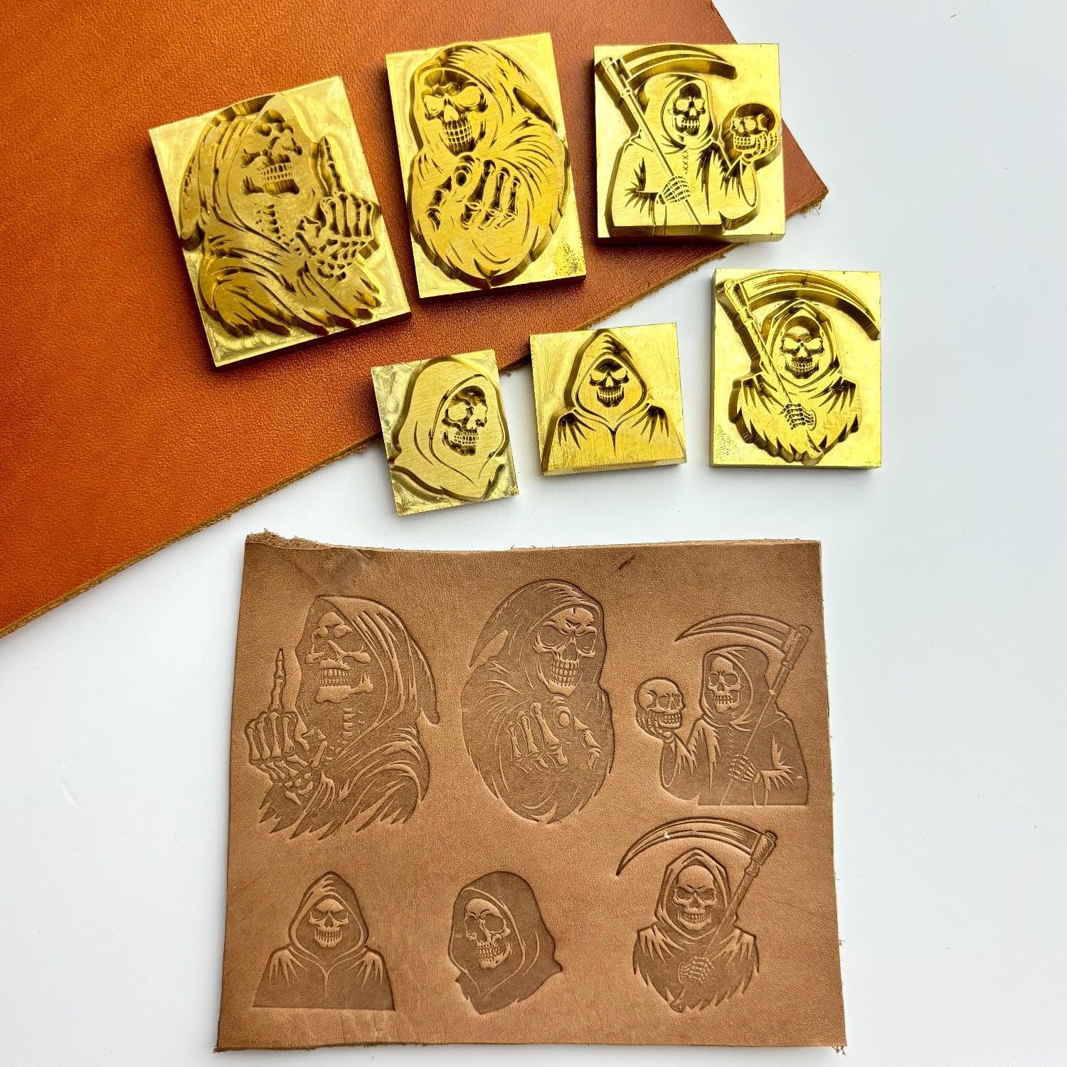 6Pcs Skull Pattern Leather Stamp Set Brass Embossing Mold Engraved Heat Stamp (04002 Grim Reaper)