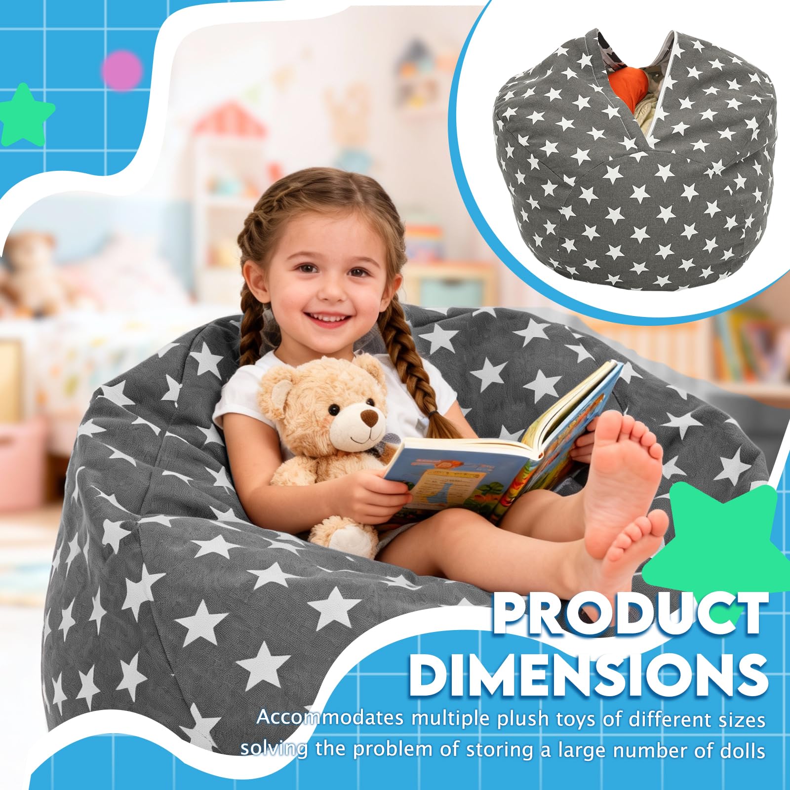 Borsa per giocattoli per animali domestici, per bambini, con chiusura lampo, per riporre giocattoli, per vestiti, giocattoli (pouf a stelle)