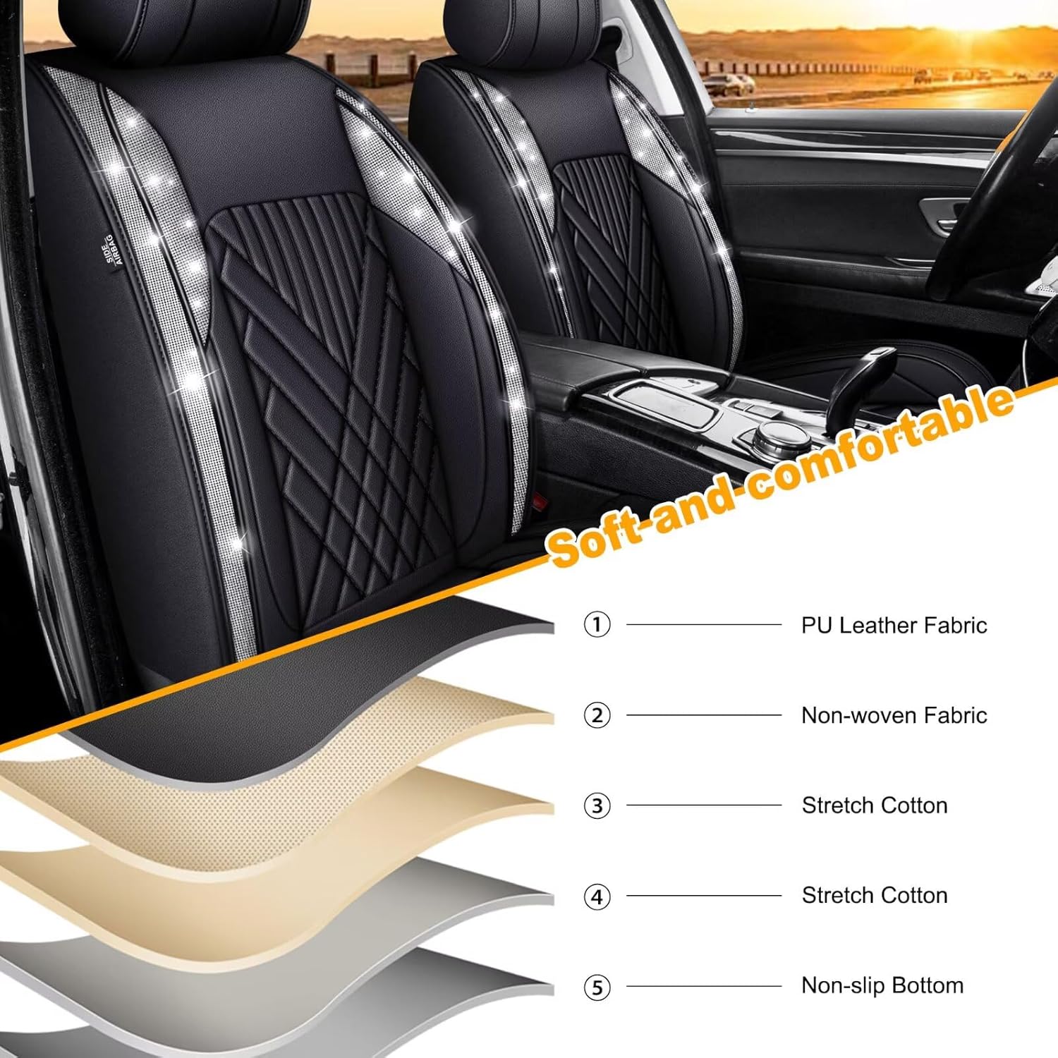 TTX LIGHTING Bling Diamond Embroidered Seat Covers for Nissan Rogue 2010-2025 2026, Full Set 5 Seats, Sparkle Rhinestone Breathable Perforated Faux Leather Car Seat Covers for Women (Black)