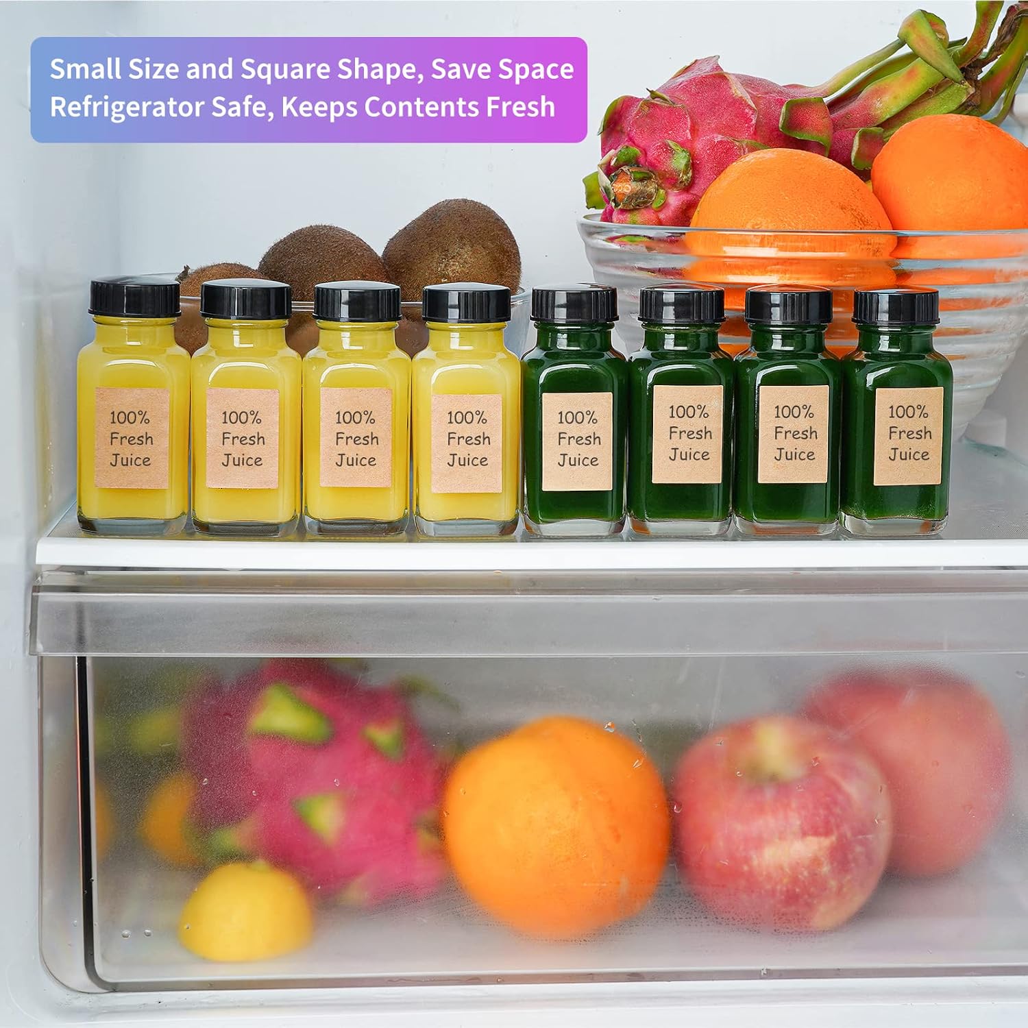 Syntic Clear Reusable Ginger Shot Bottles with Caps - 8 Pack 2 oz Small Square Glass Jars with 8 Sealed Conical Inner Caps & 8 Airtight Lids, Wide Mouth Juice bottles for Fridge, Extra Sticker, Funnel - Image 2