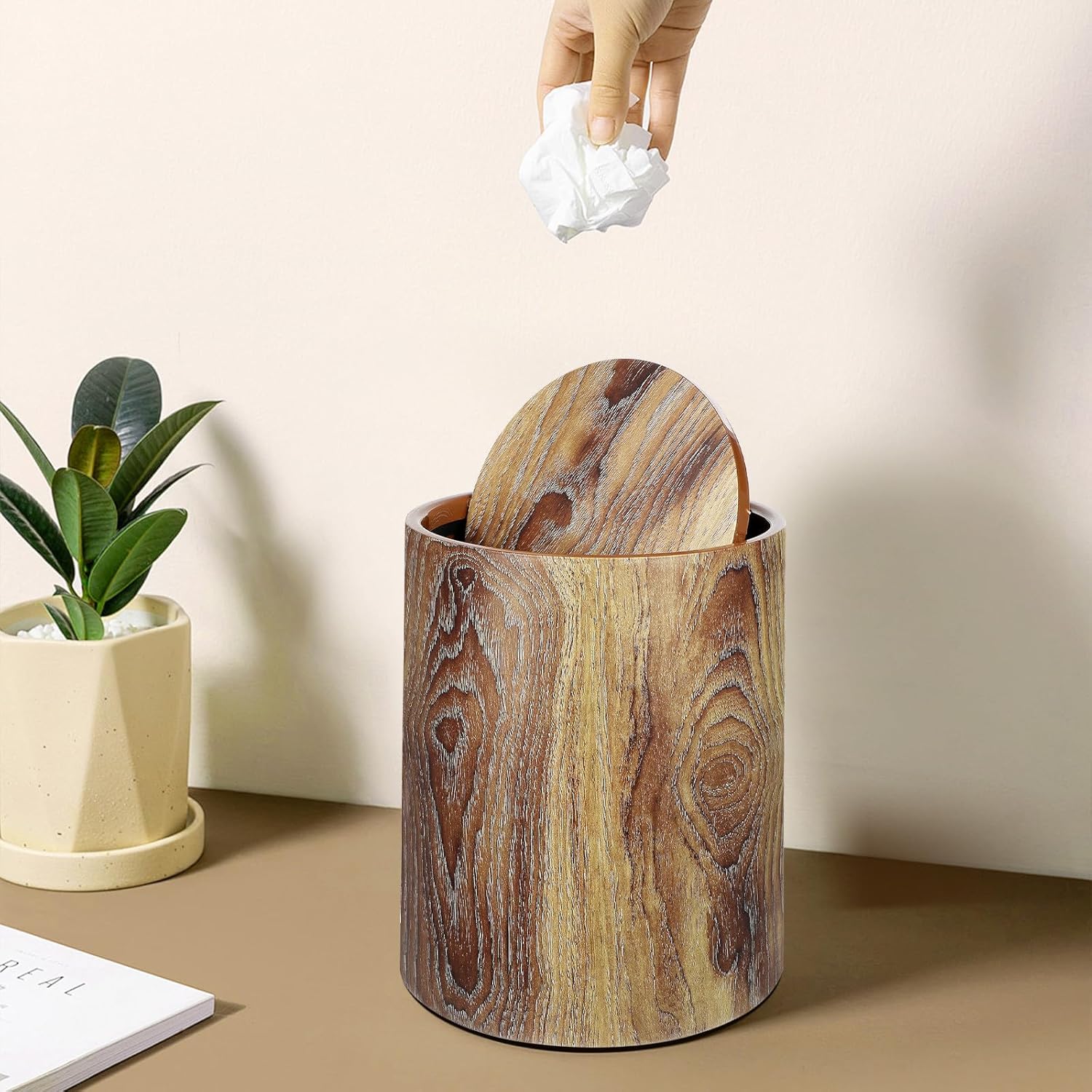 Veemoon Plastic Trash Can with Lid 12l Imitation Wood Grain Swing Top Wastebasket for Kitchen Bathroom Office Home Storage and Organization