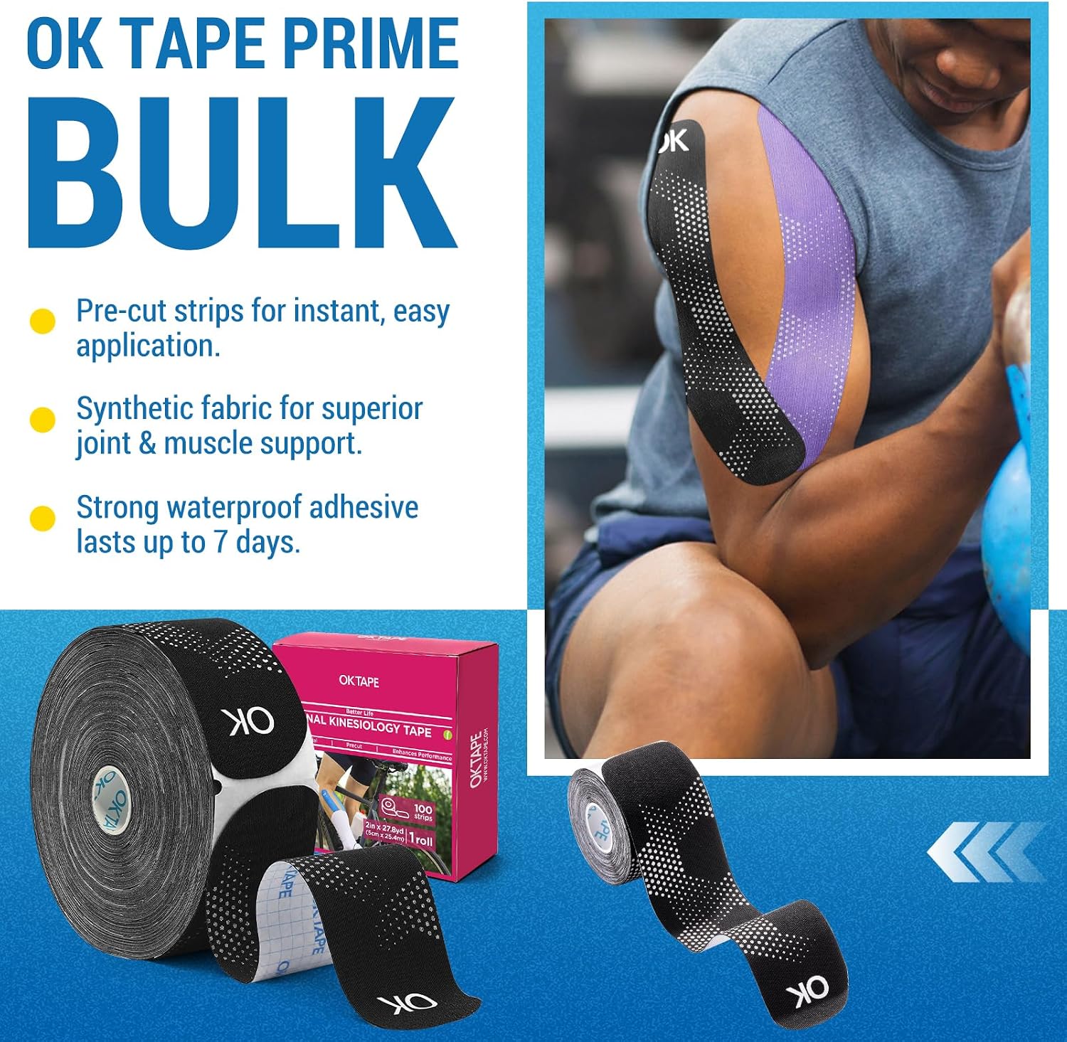 OK TAPE Synthetic Kinesiology Tape Bulk Roll, Precut Strips for Knee, Wrist, Waterproof Elastic Athletic Tape for Pain Relief & Muscle Support, Reflective Design (2" x 10", 100 Count) Black