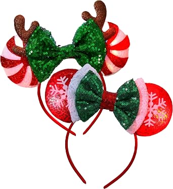 2Pcs Christmas Mouse Ears Headbands Christmas Sequin Santa Reindeer Headband Cosplay Costumes Accessories