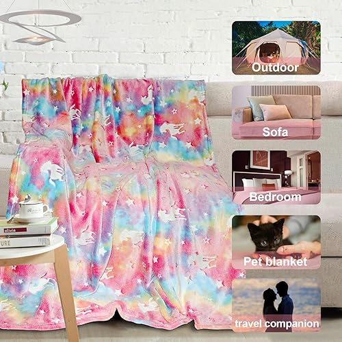 Miniatura 6 de TEHALK Manta personalizada de unicornio para niñas, que brilla en la oscuridad, manta para niños, 30 x 40 pulgadas, rosa