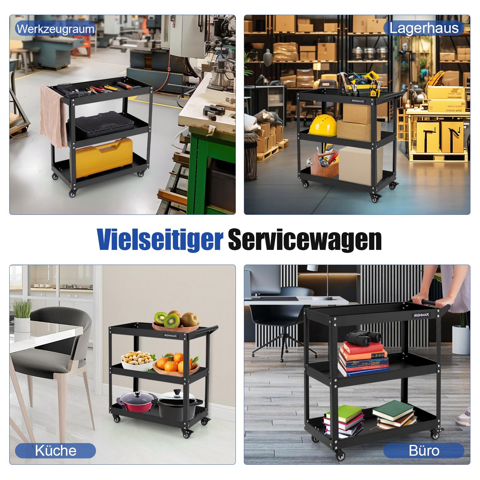 COSTWAY Werkstatt-Rollwagen 3 Etagen, Werkstattwagen mit 4 Universalrädern & Griff, Werkzeugwagen aus Metall, Montagewagen Rollwagen 120kg Belastbar für Garage Zuhause Lager, 73 x 36 x 75cm (Schwarz)