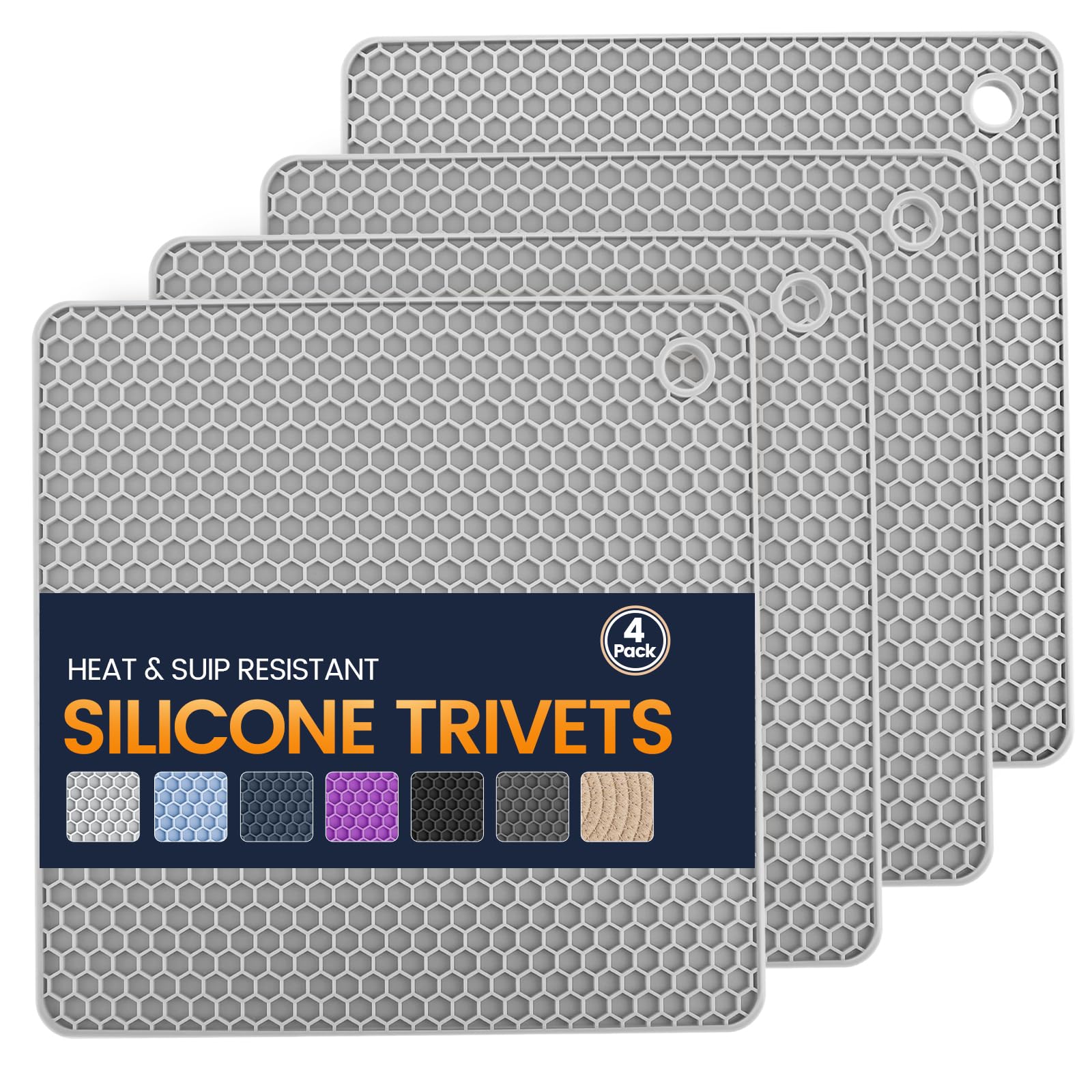 Silicone Trivet Mats 4 Heat Resistant Pot Holders Multipurpose Non-Slip Hot Pads for Kitchen Potholders, Drying mat, Jar Opener, Spoon Holder, Coaster.(Light Grey)