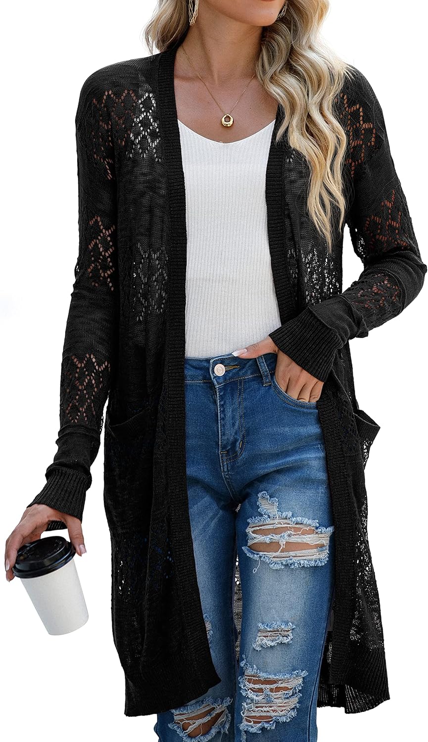 GRECERELLE Womens Lightweight Longer Length Cardigan Long Sleeve Casual Crochet Open-Front Sweater with Pockets
