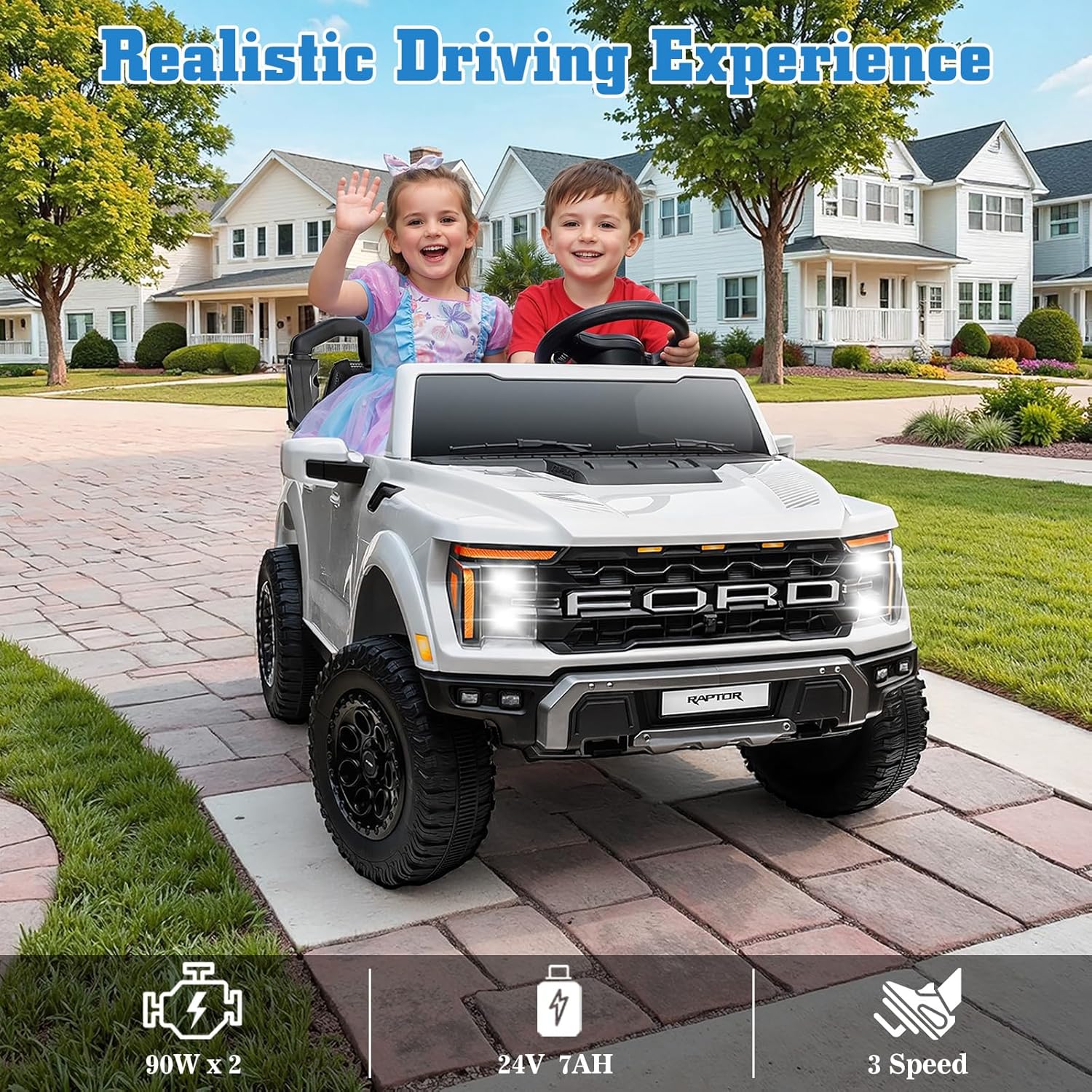 Licensed Ford F-150 Raptor 24V Ride on Toys for Boys & Girls, 2 Seater Kids Electric Car, Todder Ride on Car w/Remote Control, LED Lights, Bluetooth Music, Truck Bed Storage (White, 24V)
