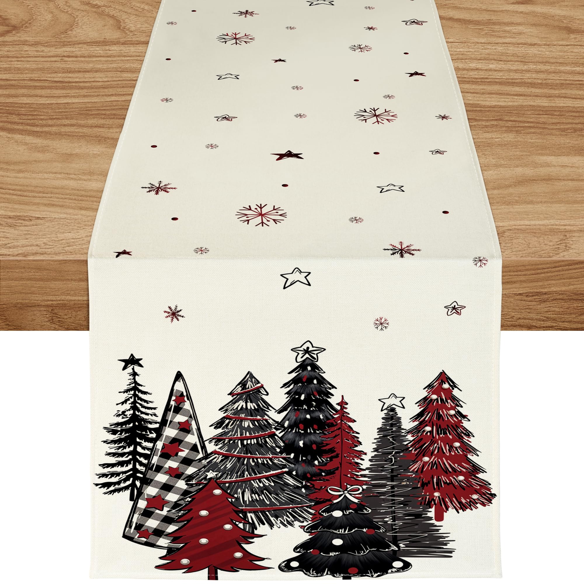 ZWJD Christmas Table Runner 40x180 cm Black- Red Modern Christmas Decorations With Christmas Trees and Snowflakes Xmas Table Runner, for Holidays, Dining Room Living kitchen Table Decorations