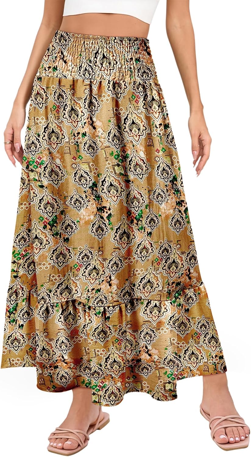 Zando Women's Floral Print Boho Maxi Skirt with Pockets - High Waisted Long Skirt, Summer Casual Flowy Midi Length Spring