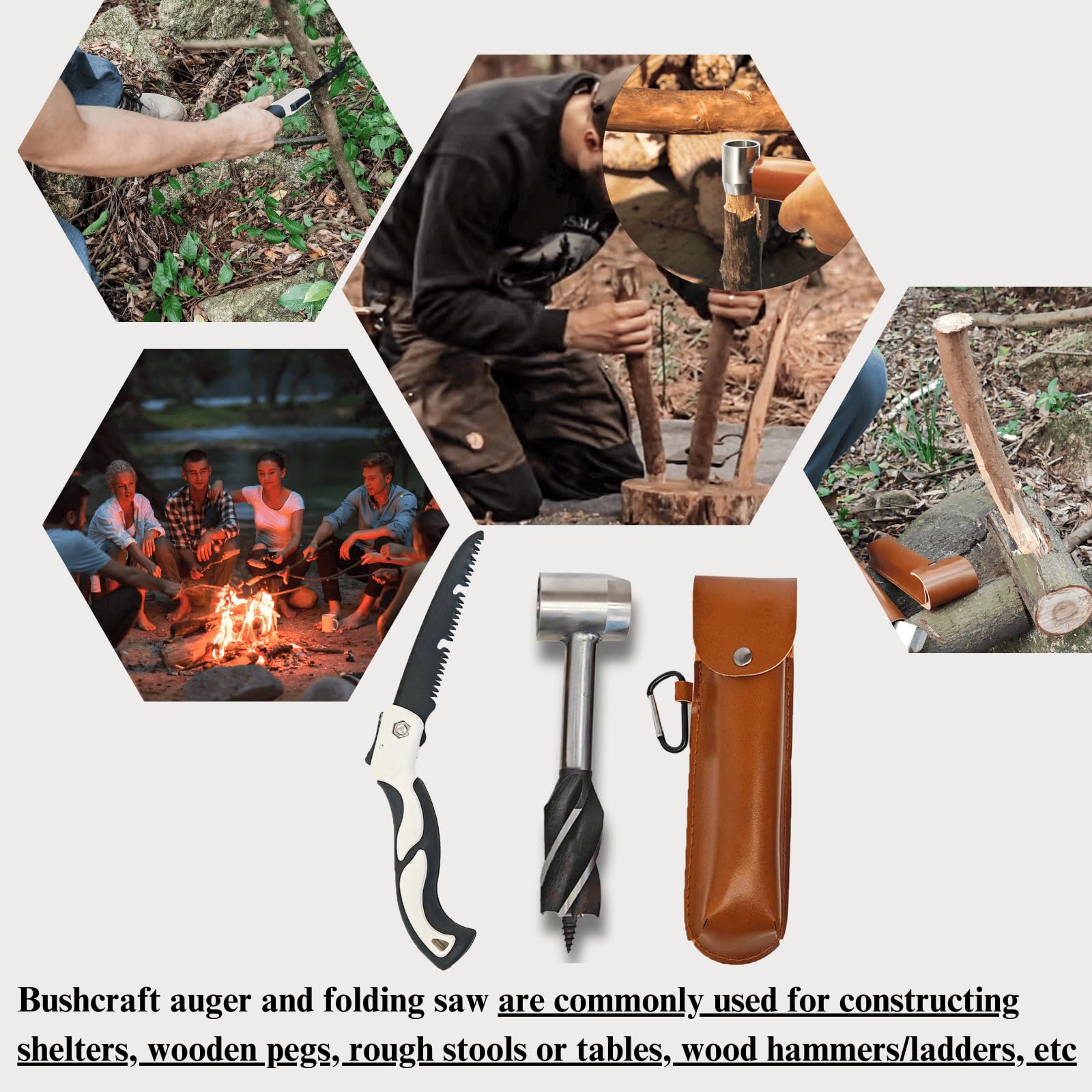 Bushcraft Bohrer, Handbohrer Bushcraft Set mit Handbohrer Holz, Klappsäge, Hand Holzbohrer Manuell Schlangenbohrer für Outdoor, Survival, Camping