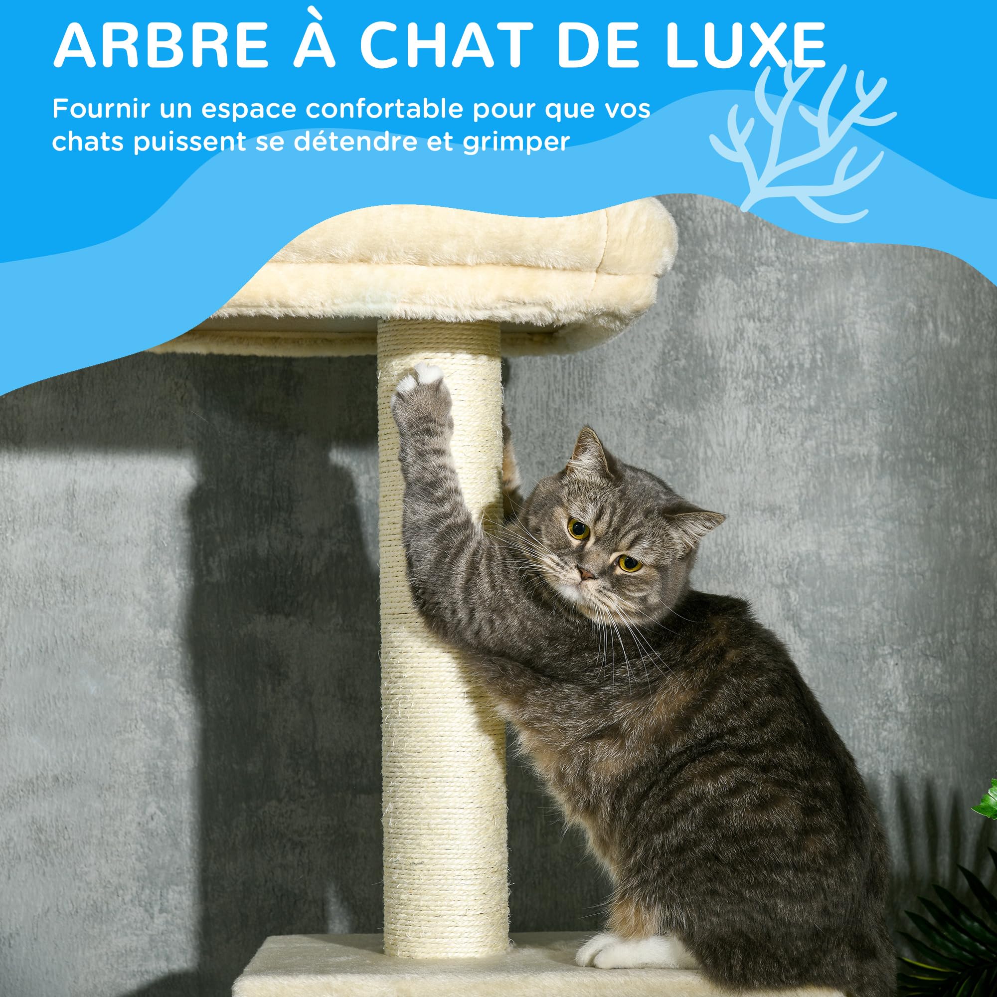 PawHut Arbre à Chat Hauteur réglable de 230 à 260 cm Tour de Jeux pour Chat Poteau à griffer 4 Niveaux d'activités avec Niche Peluche Beige