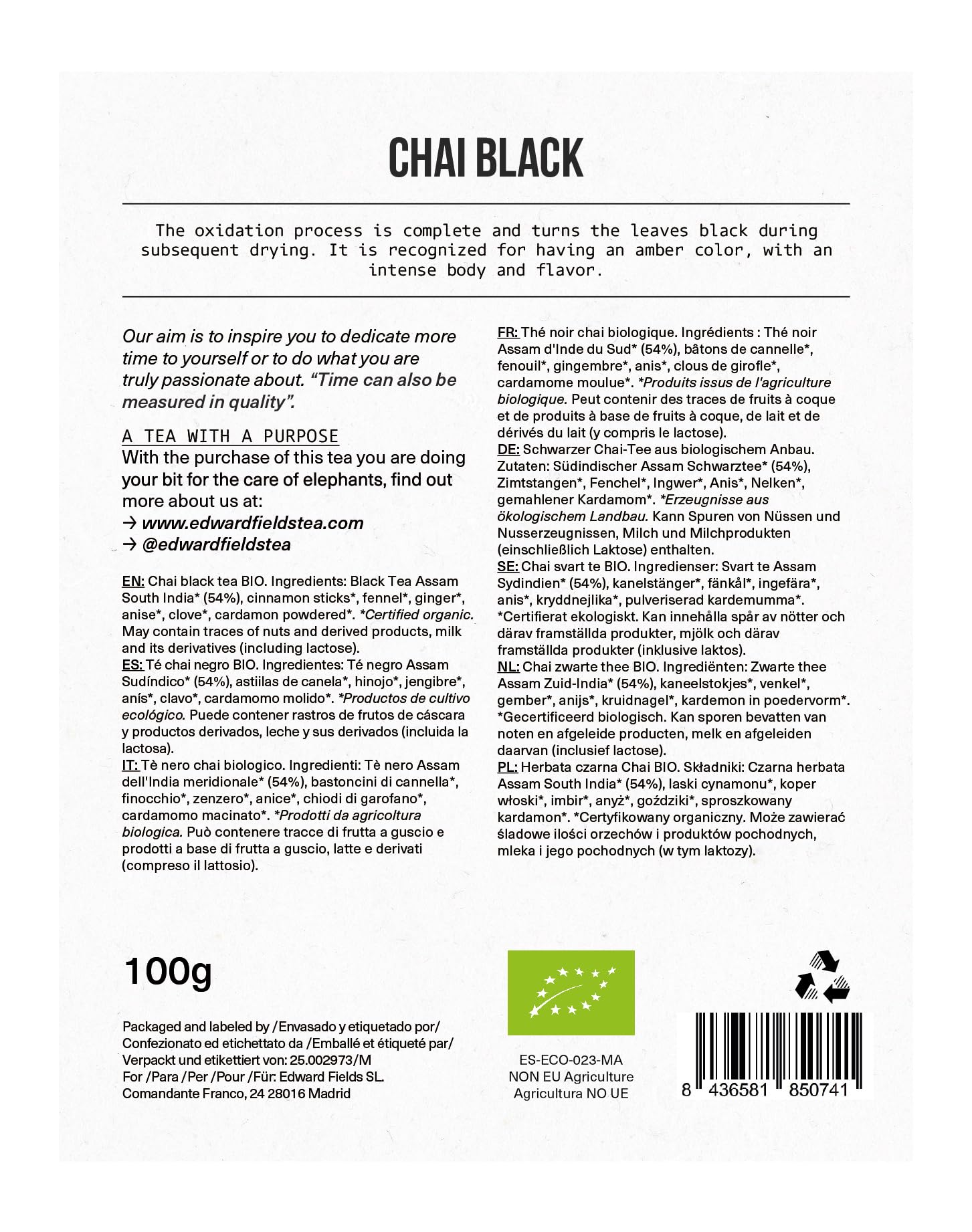 Edward Fields Té Negro Chai Latte Orgánico a Granel 100g 50 Tazas