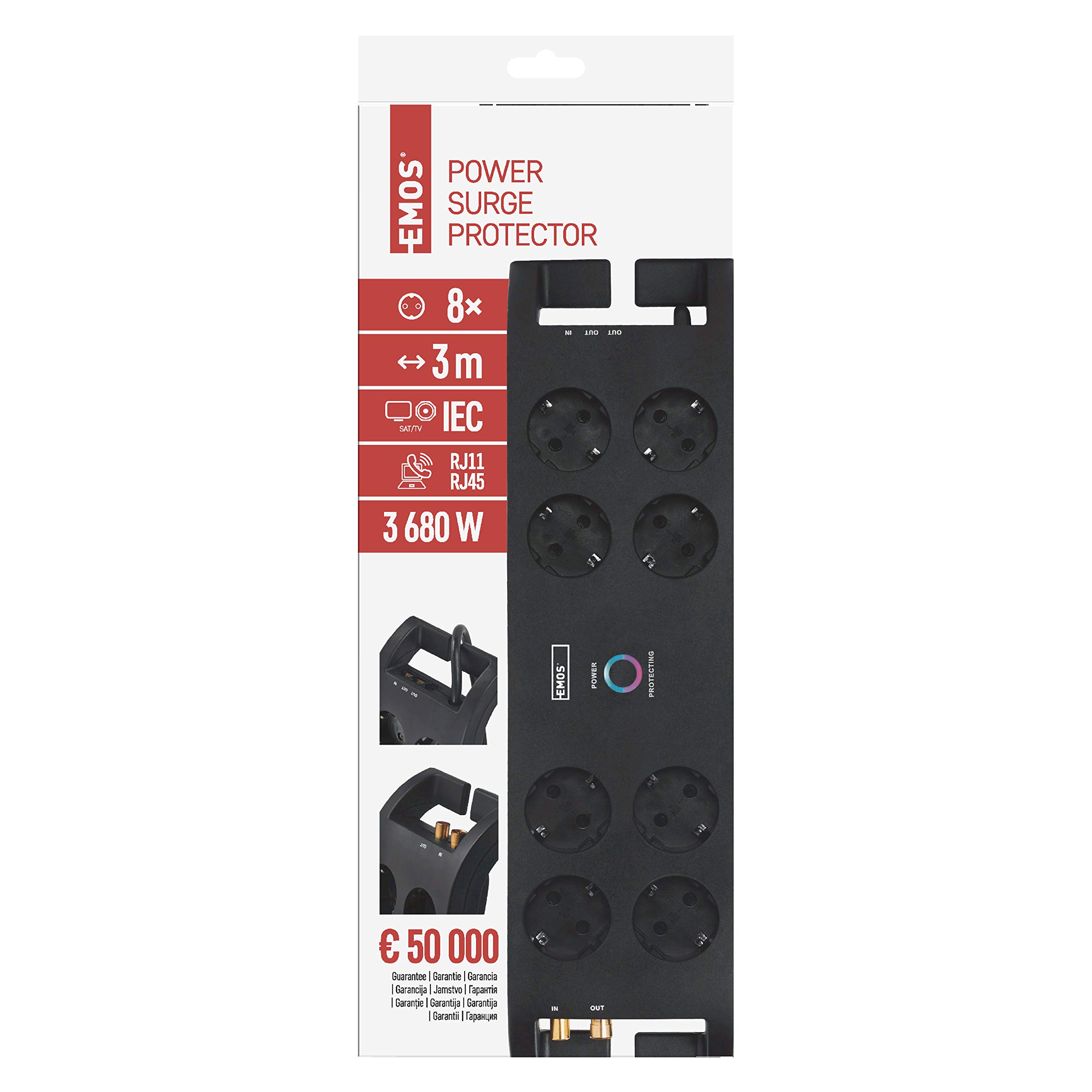 EMOS P54252 - Ciabatta elettrica con protezione da sovratensione, cavo da 3 m con interruttore e indicatore LED, presa multipla con contatto di protezione, 1800 J, corrente di scarico 15000 A