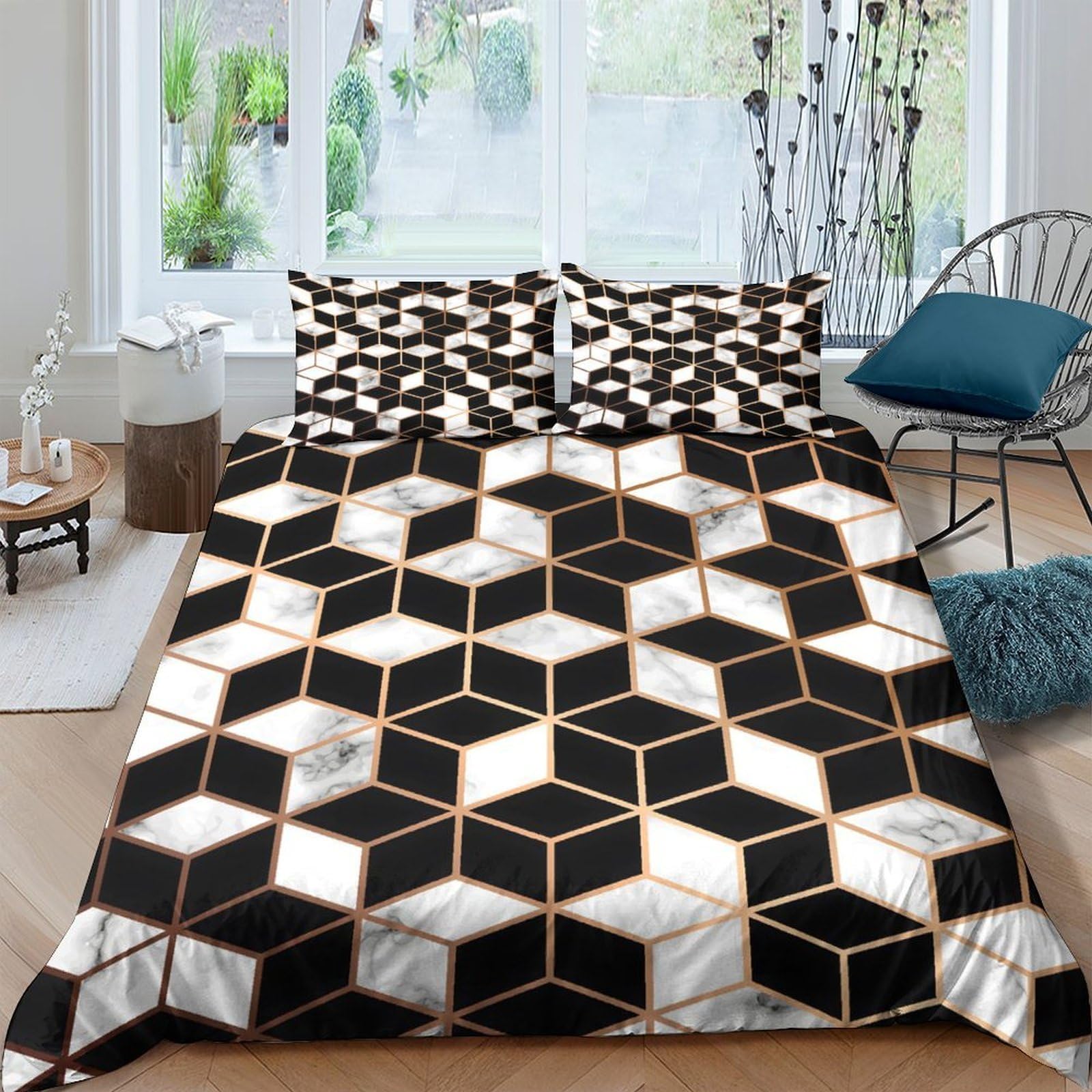 Ctjqhvkz Style-2 3D Printed Geometric Cube Fitted Sheet Microfiber Modern Black Gold Marble Bed Cover For Bedroom Dorm Decor Single（135X200cm）