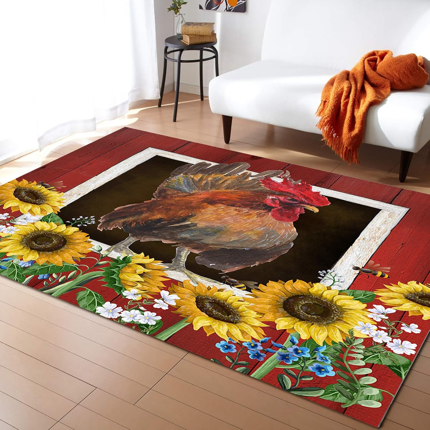 Area Rugs for Living Room, Farm Barn Rooster with Sunflower Modern Indoor Anti