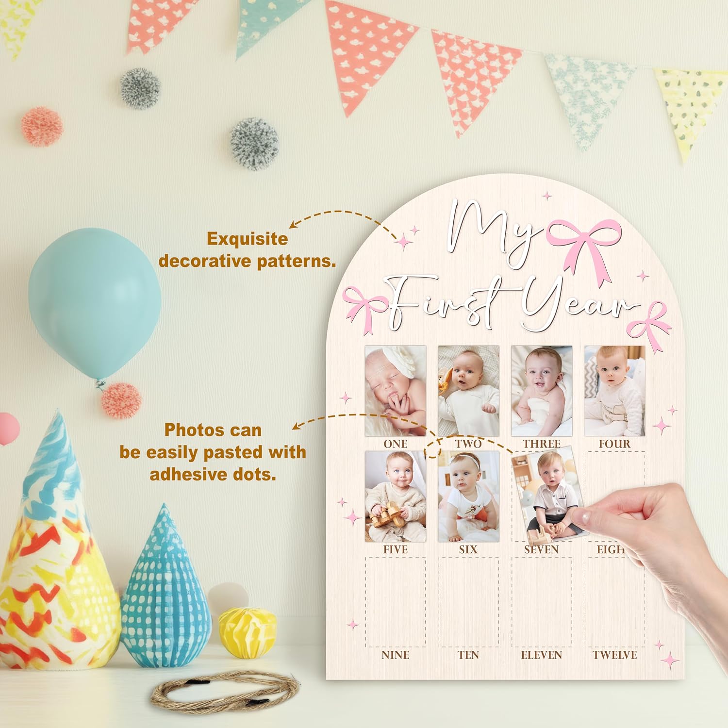 My First Year Photo Board, Pink Bow Baby's First Year Photo Frame 12 Monthly Milestone Picture Frame, Gift for Newborn Baby 1st Birthday Memories Nursery Decoration -07