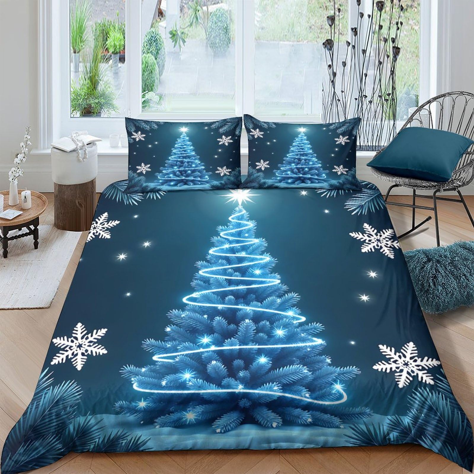 Ctjqhvkz Style-10 3D Printed Blue Christmas Tree Fitted Sheet Microfiber Snowflake Bed Cover Anti-Slip Machine Washable For Bedroom Guest Room Decor Single（135X200cm）