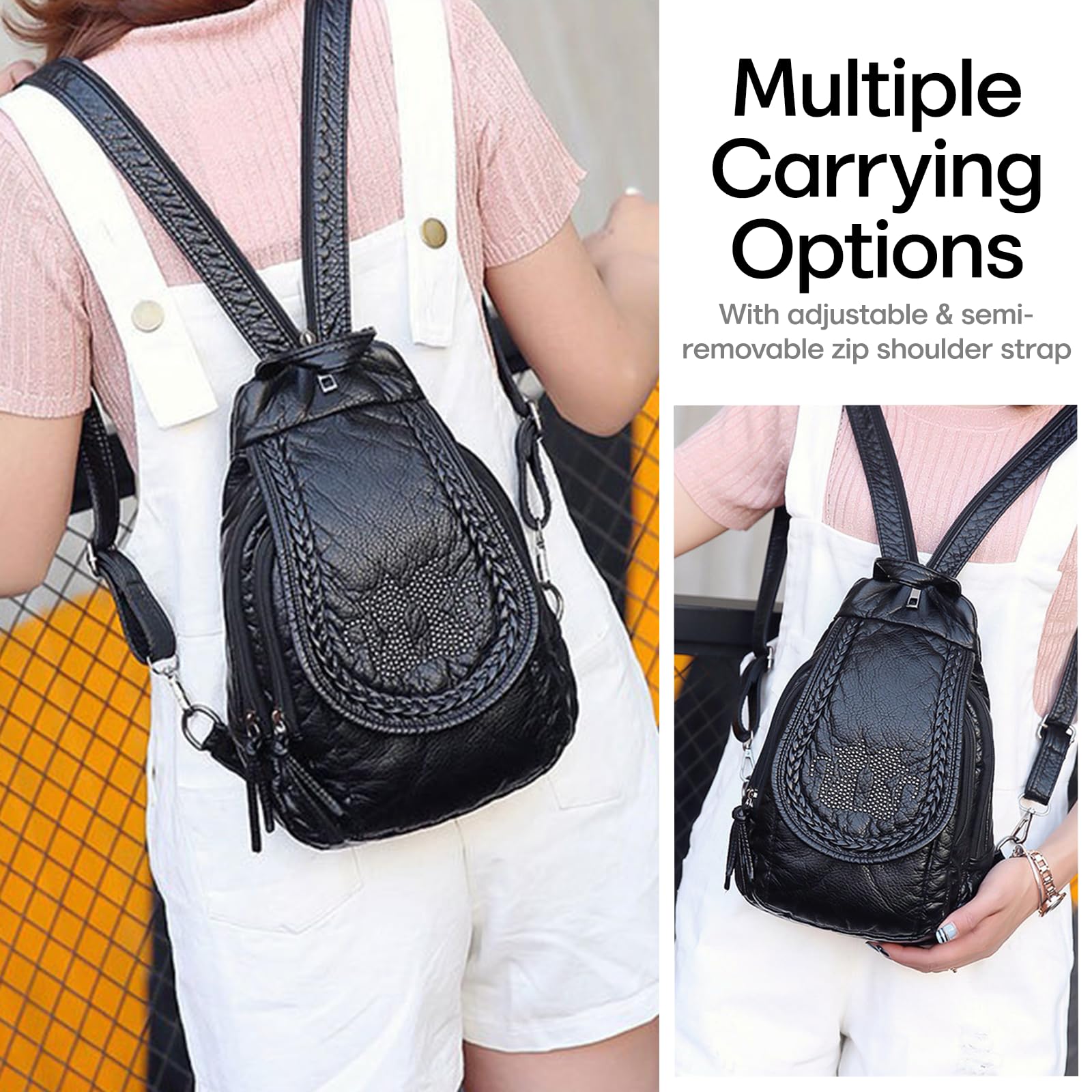 Petit sac à dos pour femme en cuir PU convertible pour Petit sac à dos étanche Sac à main voyage Sac à dos de randonnée avec plusieurs poches Compartiments spacieux (noir)