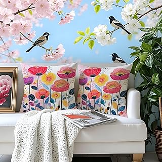 Outdoor Kissenbezug Wasserfest Outdoor Kissen Wetterfest Dekorative Gartenkissen 45x45 cm Bunte Blumen Wasserdicht Kissenbezüge 2er Set für Garten Sofa Wohnzimmer Bett