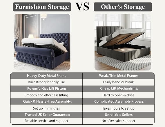 Sworn Sleigh Small Double Bed with Storage, Plush Velvet Small Double Bed Ottoman 4ft with Gas Lift, Heavy-Duty Metal Mesh Base & Panelled Headboard, Space Saving Storage Beds in Steel Plush