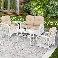 Vista 18 de MEETWARM Juego de 3 piezas de mimbre giratorio para patio al aire libre, mecedoras, juegos de muebles de patio de ratán con cojín grueso y mesa