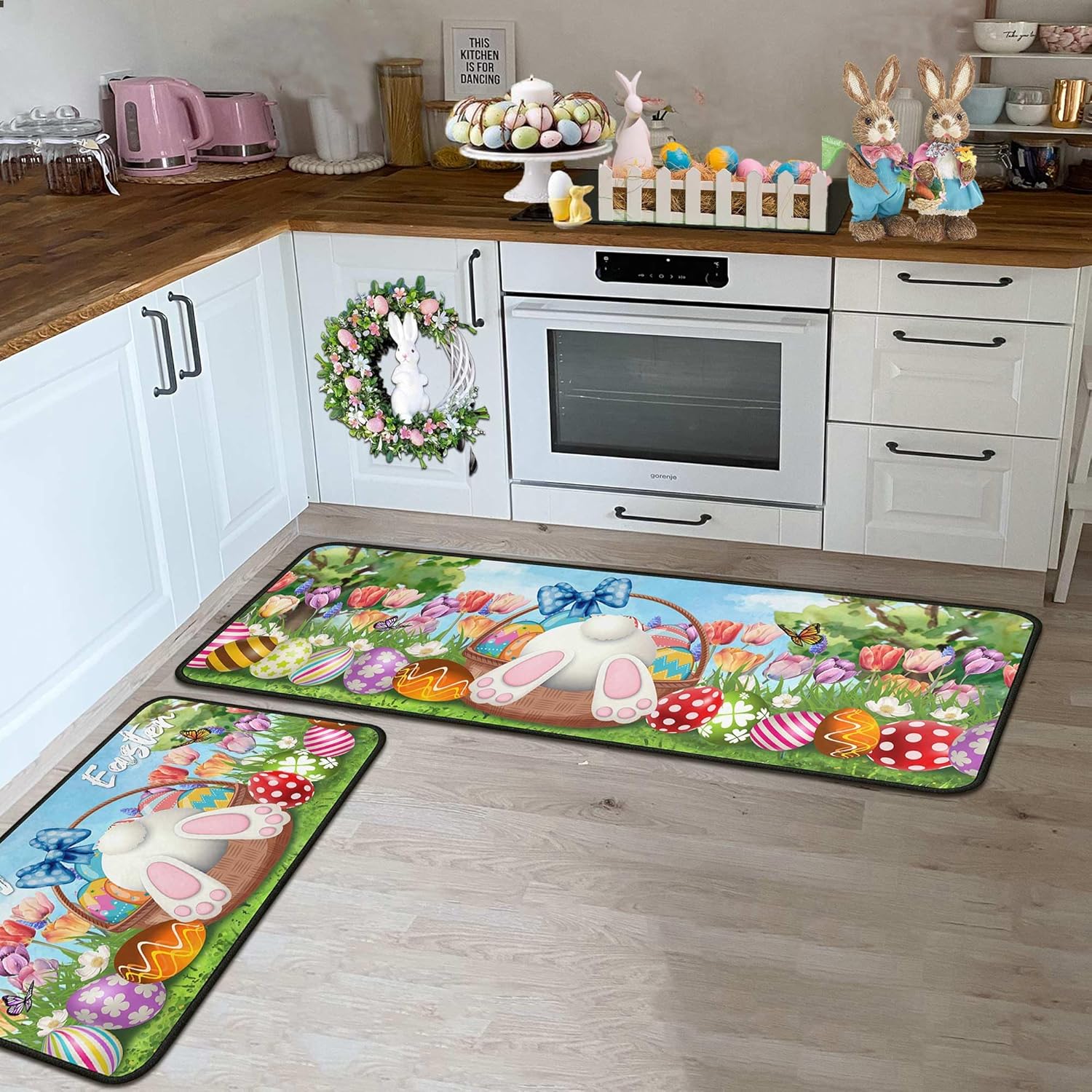 Easter Kitchen Rugs Set of 2, Easter Decorations Non Slip Backing Happy Easter Kitchen Mats for Floor Holiday Bunny Rug Egg Mat Easter Decor for Home Party Gifts (Happy Easter 3, 17"x47.2"+17"x30")