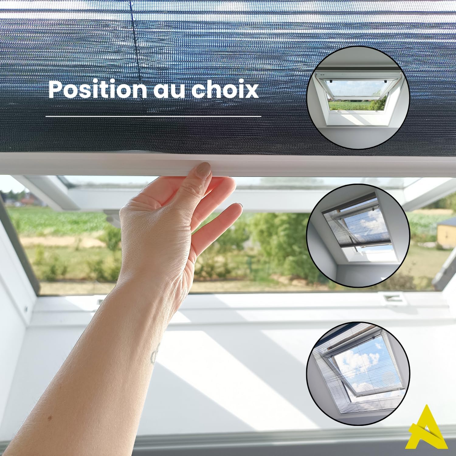 Image showing a hand operating the pleated mosquito screen, with insets demonstrating different open positions.