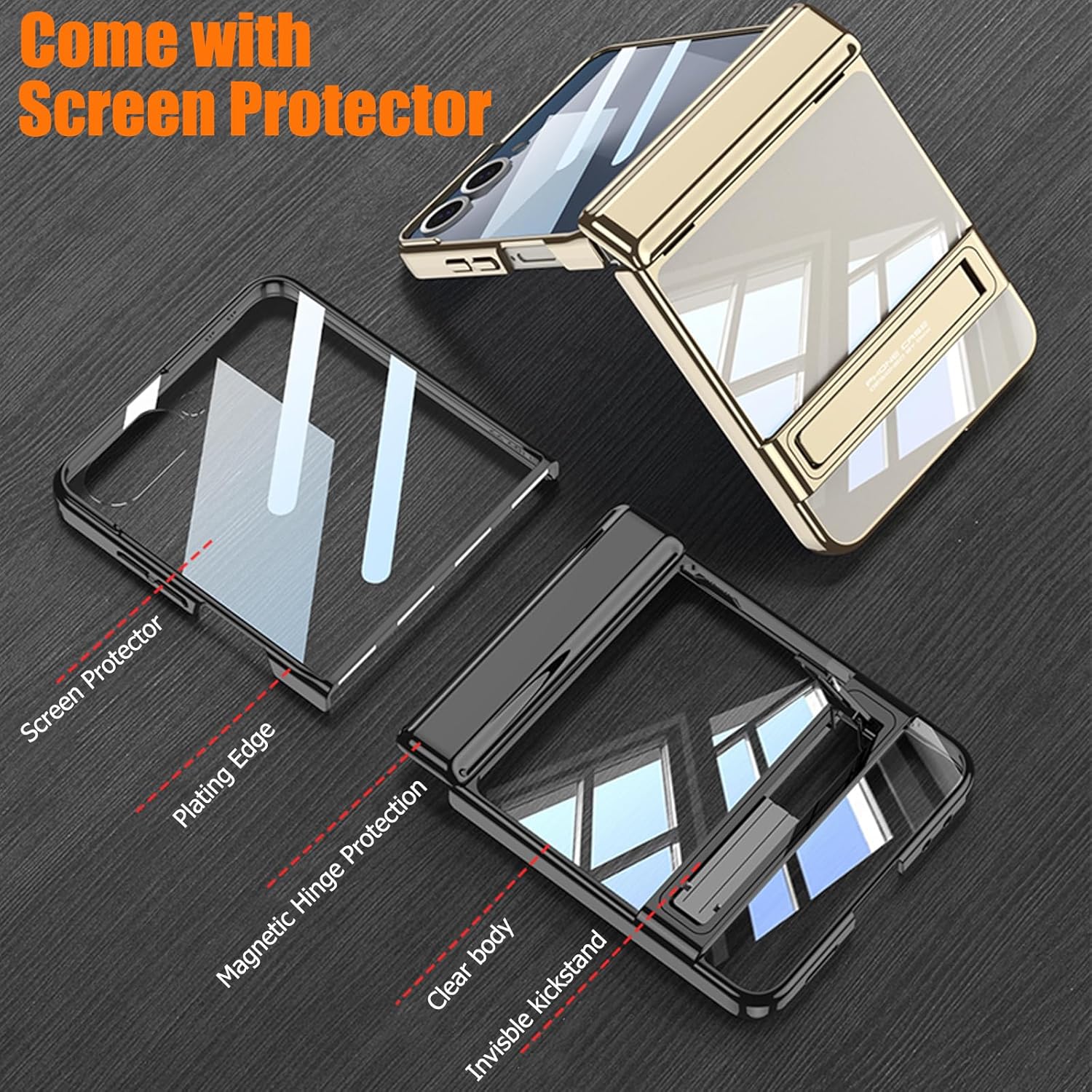 for Samsung Galaxy Z Flip 7 Clear Case with Kickstand & Magnetic Hinge Protection and Screen Protector, Slim Transparent Plating Hard PC Shockproof Cover for Samsung Galaxy Z Flip 7 (Gold)