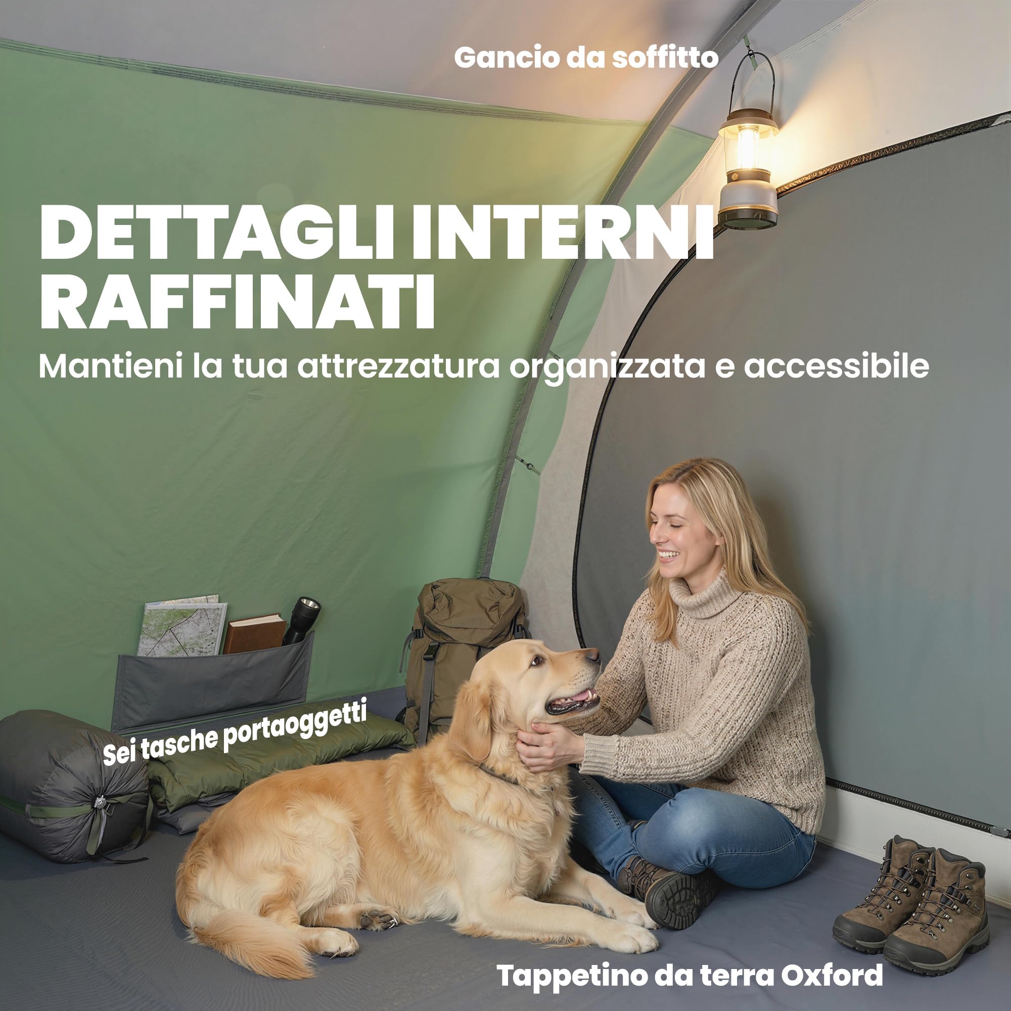 Outsunny Tenda Campeggio a Tunnel 5 Persone 196cm 2 Stanze Impermeabile 3000mm Verde Chiaro