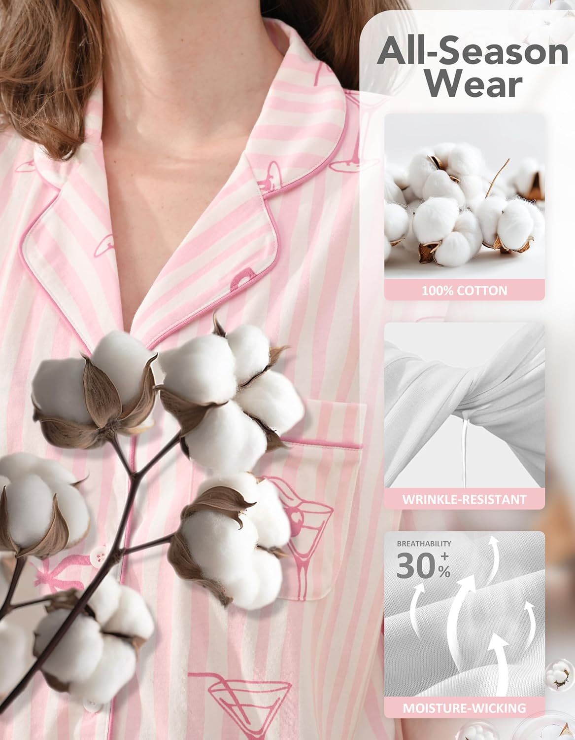 100% Cotton Pajamas for Women Sets 2 Pieces Pjs Button short sleeves with Pockets Soft Sleepwear Loungewear XS-XXL - Image 2