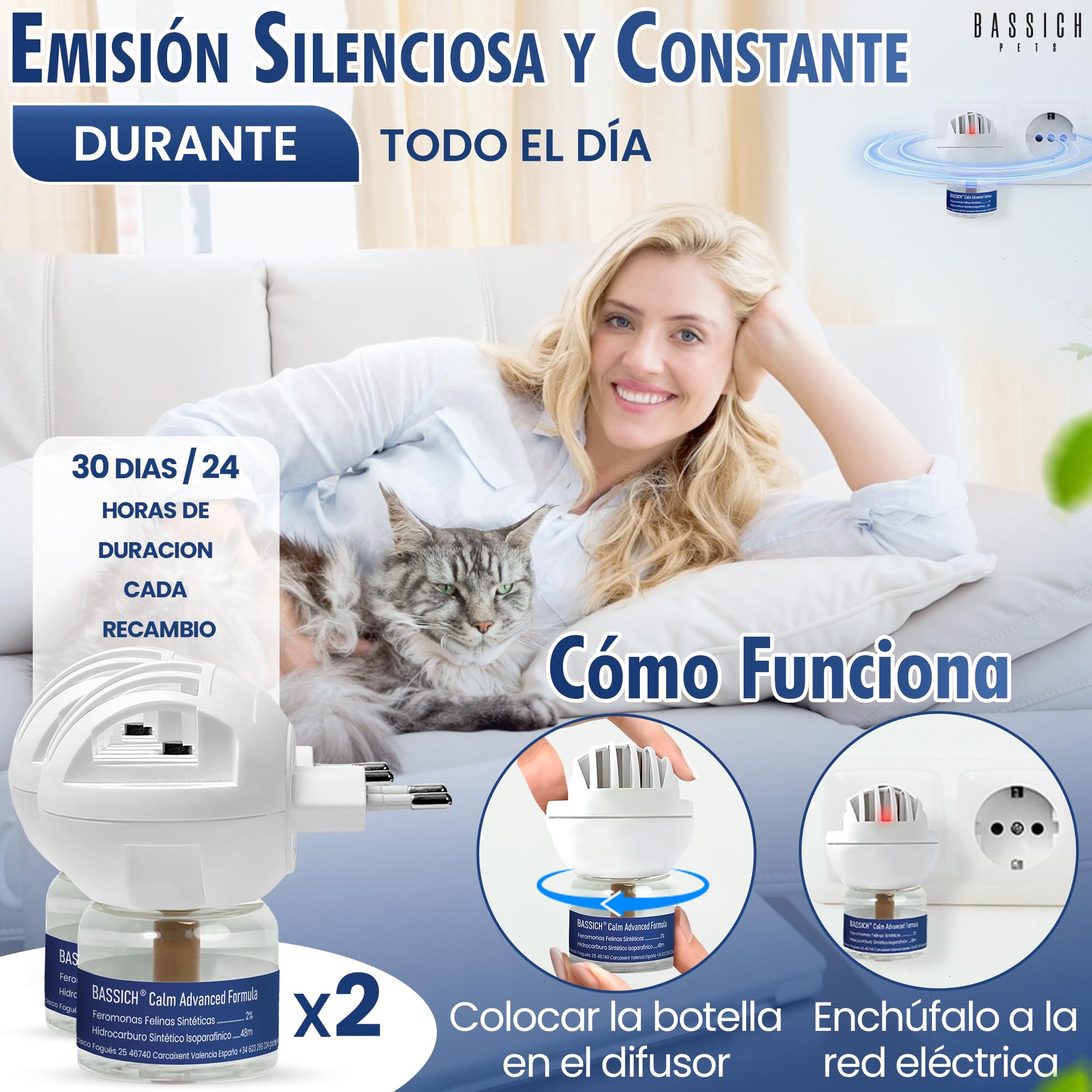 Calm Feromonas para Gatos con Difusor Enchufable – Calmante para Gatos Que Ayuda a Reducir Estrés, Ansiedad y Marcaje en el Hogar – Ambiente Relajado para Gatos Nerviosos