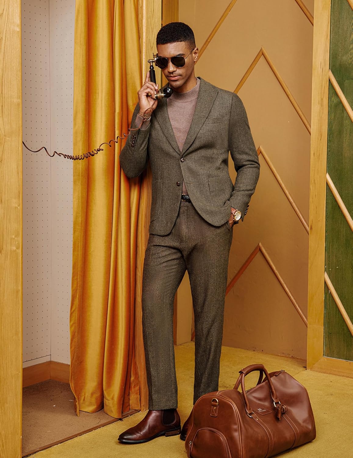 PJ PAUL JONES Mens Herringbone Tweed Sport Coat Vintage Wool Blend Two Button Blazer Jacket with Pockets - Image 3