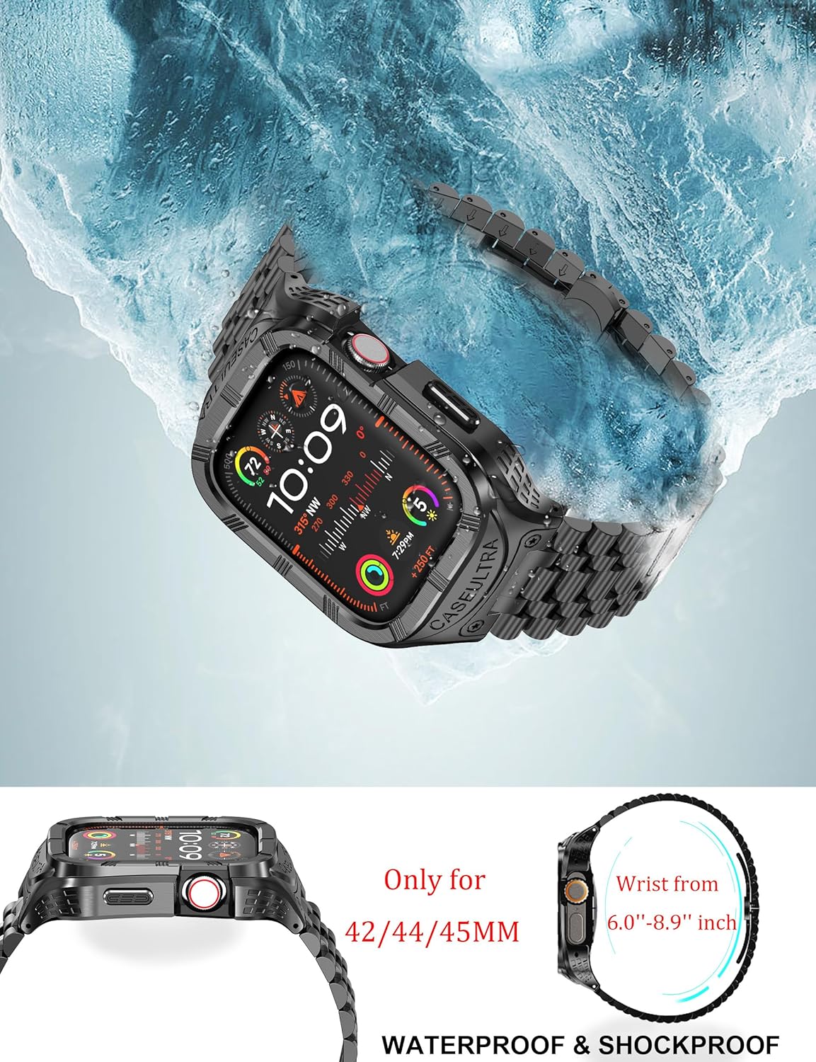 Stainless Steel Case/Band Compatiable for Apple Watch Band 49mm 45mm 44mm 42mm-Rugged Metal iWatch Case and Strap for Men iWatch Band Series 9/8/7/6/5/4/3/2/1/Ultra/Ultra 2/SE