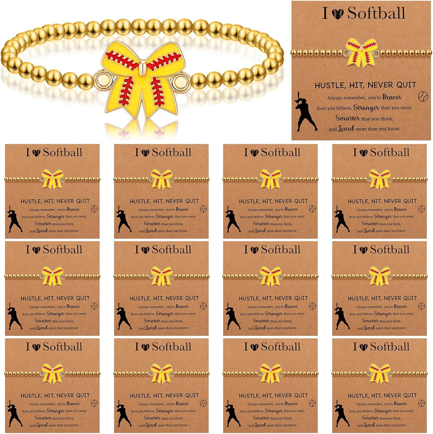 Huquary 20 Pcs Bow Gold Beaded Sports Bracelets Stretch Sports Bracelets with Inspirational Cards for Team Gifts Party Favors