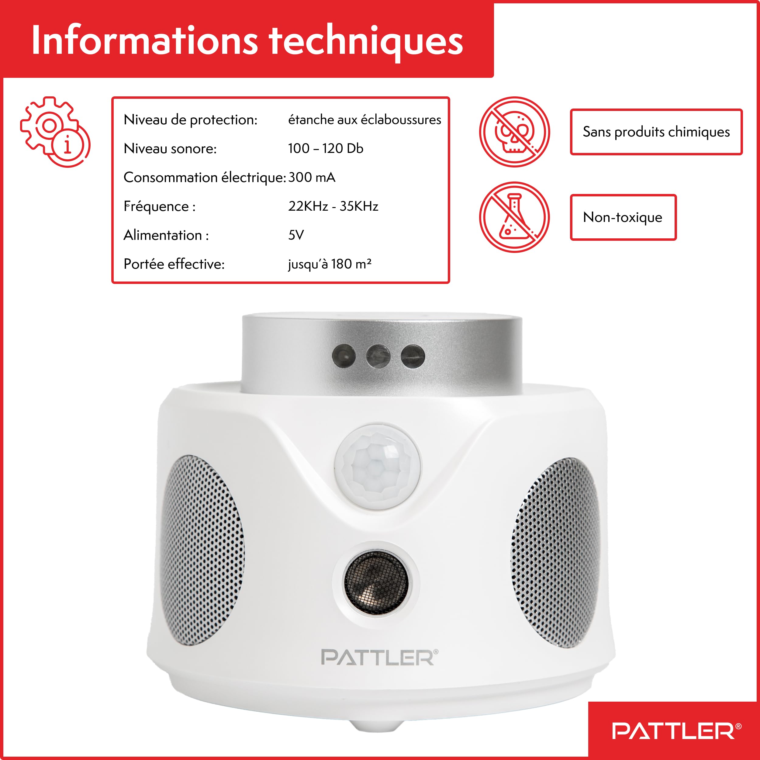 PATTLER® - Répulsif pour Souris à ultrasons 360° - Repousse efficacement Les Souris avec des Ondes ultrasonores - 2 pièces