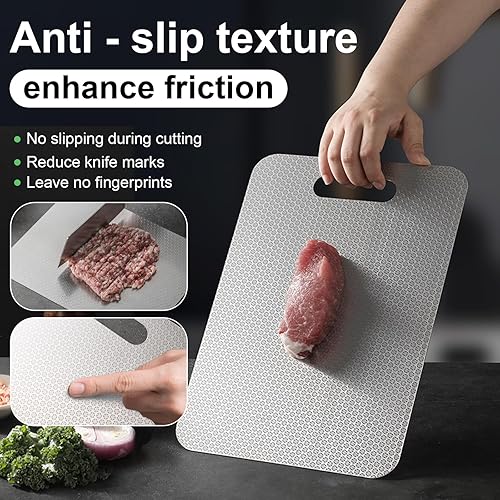 Miniatura 3 de Tabla de cortar de acero inoxidable, tabla de cortar no tóxica para cocina, diseño de textura que reduce las marcas de cuchillos, superficie