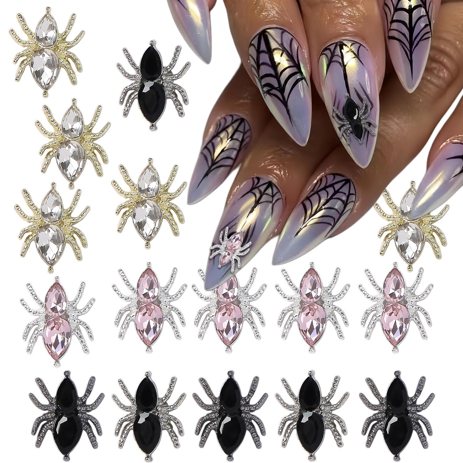 20 dijes de uñas de Halloween de aleación 3D de araña, suministros de uñas de metal, diamantes de imitación negros, rosas y blanco