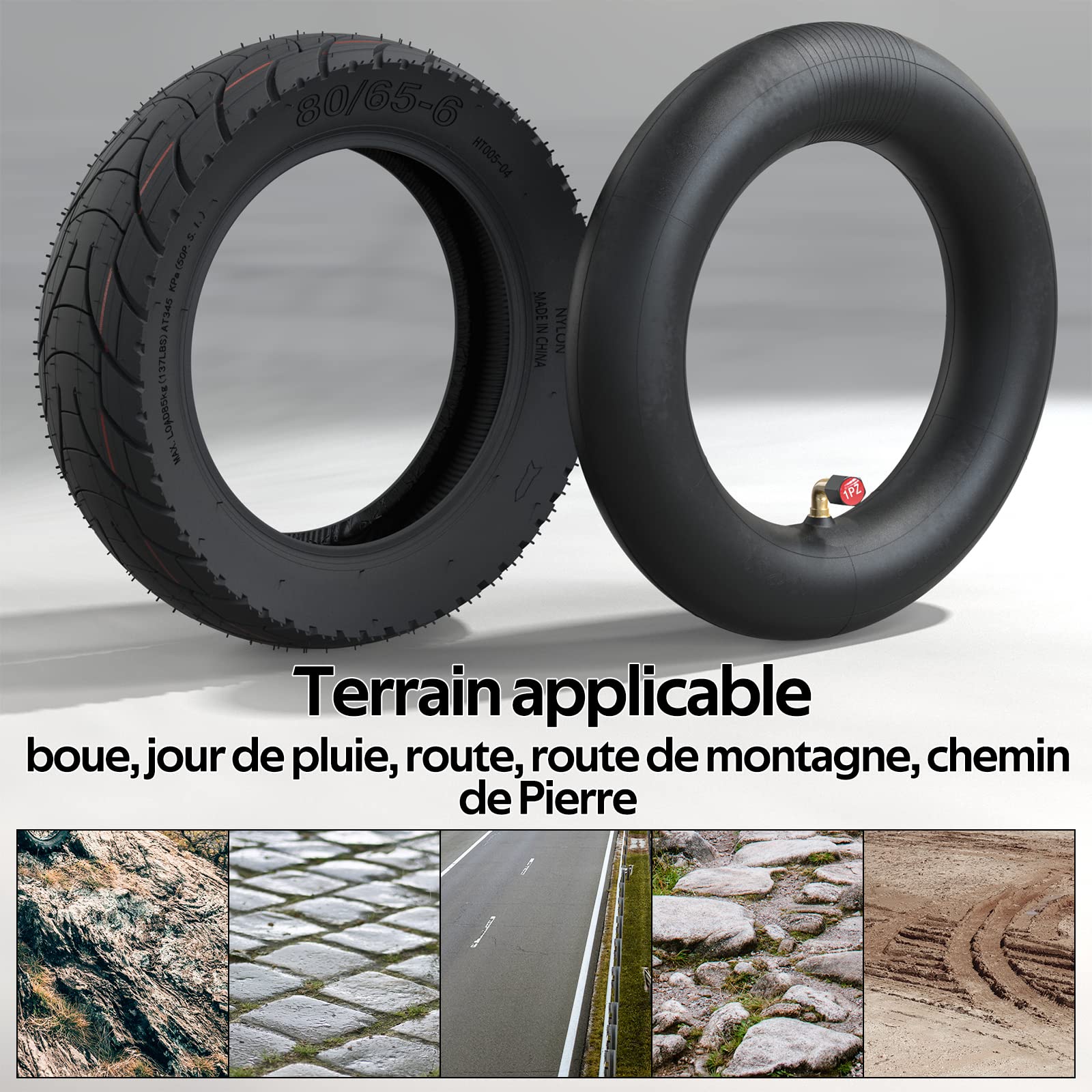 1PZ F3T-K65 Pneu et chambre à air 10x3.0 80/65-6 remplacement pour scooter électrique Kugoo M4 / M4 Pro Zero 10X, pour roue 90/65-6.5 255x80