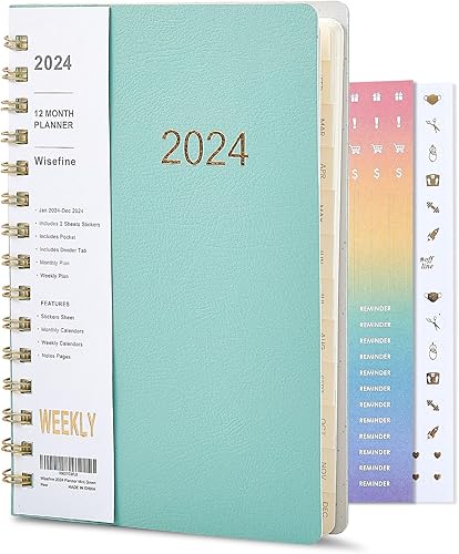 Agenda 2024, calendario 2024, planificador semanal y mensual 2024, planificador académico en espiral de 12 meses con pestañas, enero de 2024 a