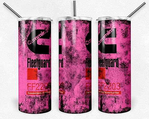 Vaso delgado de 20 onzas para gatos con popote de doble pared con filtro de aceite inspirado en diseños (Cummins Grunge Pink)