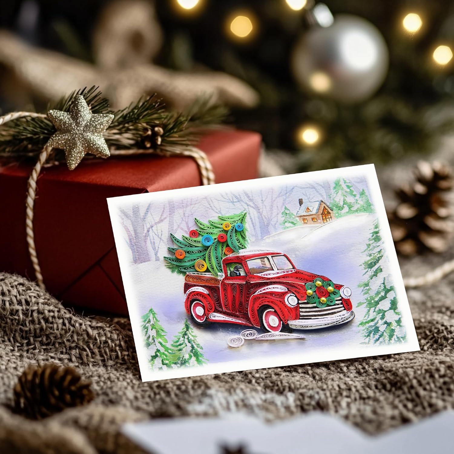 Retro Car Carrying Christmas Card, Merry Xmas Greeting Card, Watercolor Quilling Quilled Card for Holiday, New Year, Mom, Dad, Grandma, Friend, Boss, Co-worker (Car Christmas) - Image 2