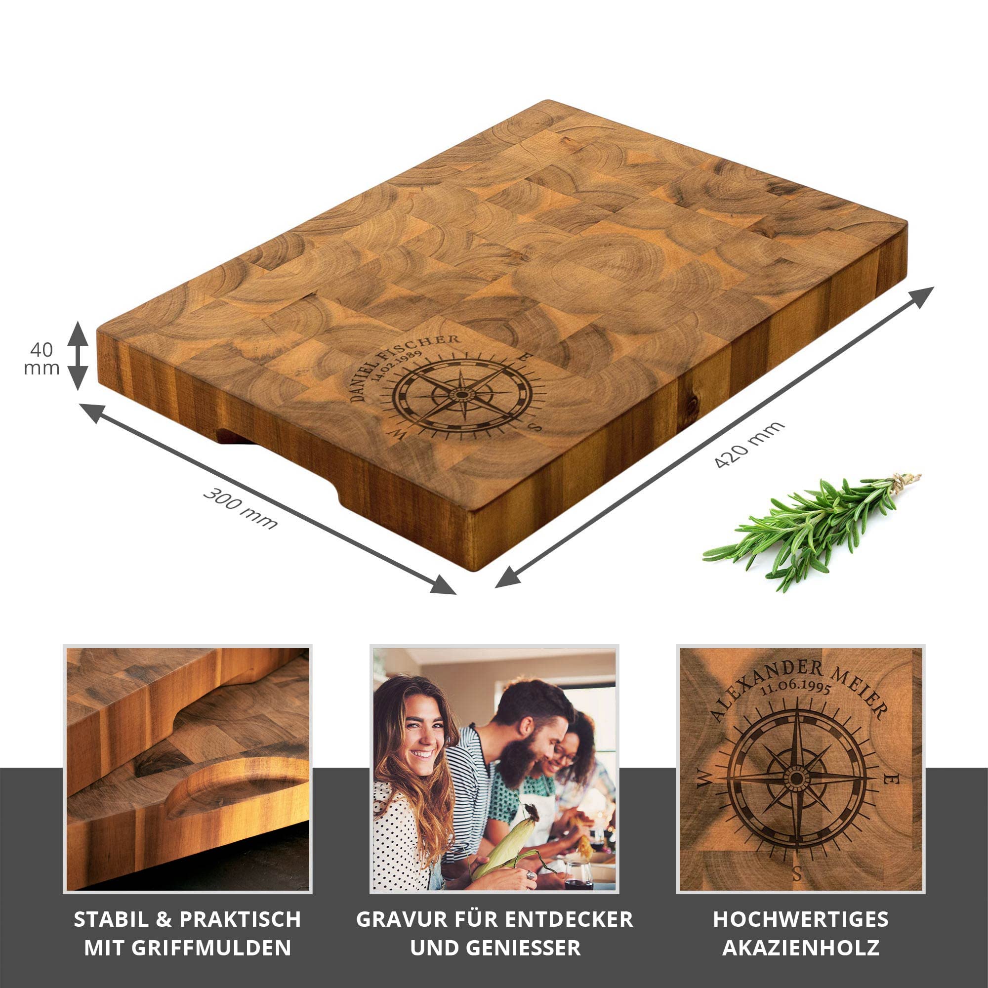 Casa Vivente Schneideblock aus Holz mit Personalisierter Namensgravur, Kompass Datum, Edles Servierbrett zum Geburtstag, Küchenzubehör für Genießer, 42x30x4 cm