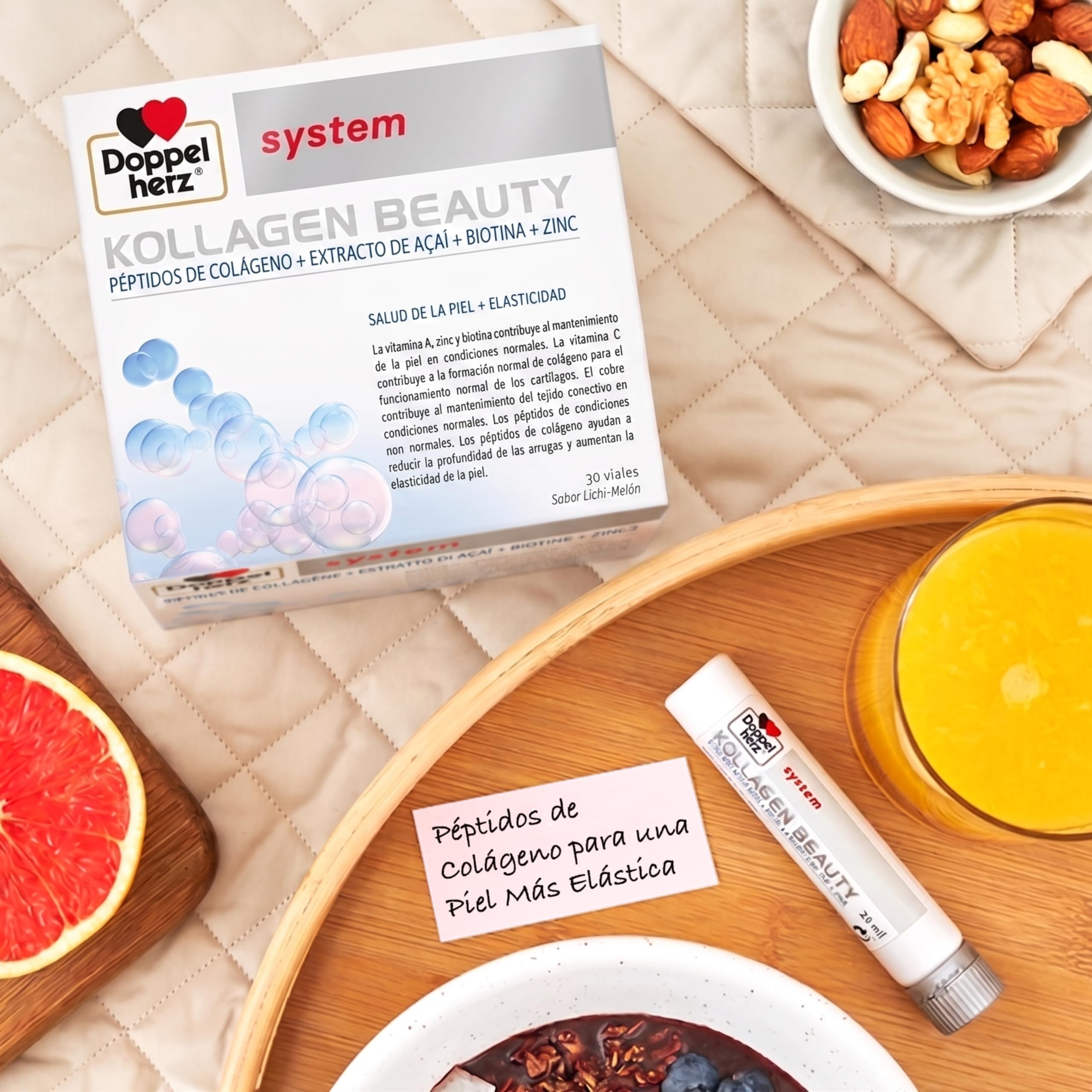 Doppelherz system KOLLAGEN BEAUTY - Complemento Alimenticio para Piel con Péptidos de Colágeno, Extracto de Açai, Biotina, Vitamina A, C y E, Zinc y Cobre, Sin Gluten ni Lactosa, 30 Viales